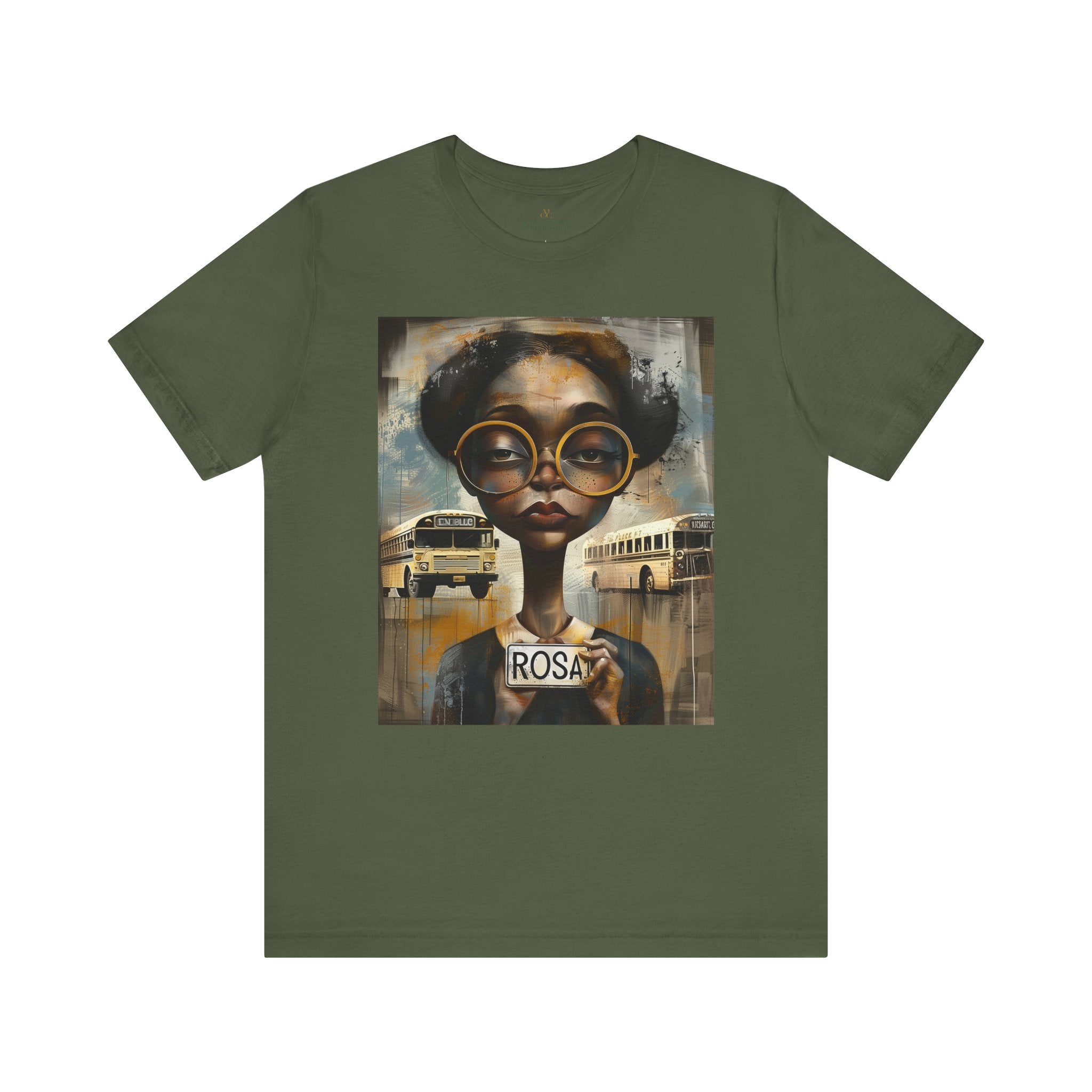 Rosa Parks Mugshot T-Shirt featuring her 1955 booking photo in a bold graphic design. Afrocentric streetwear style honoring civil rights history and Black heritage.