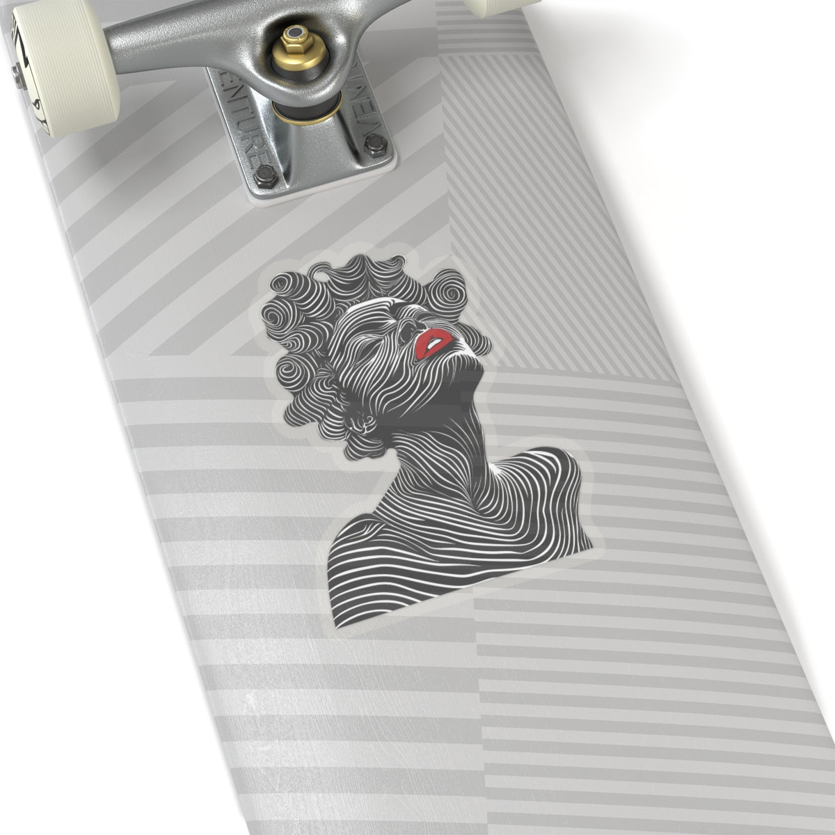 Transparent edge Bantu Knots sticker on skateboard.