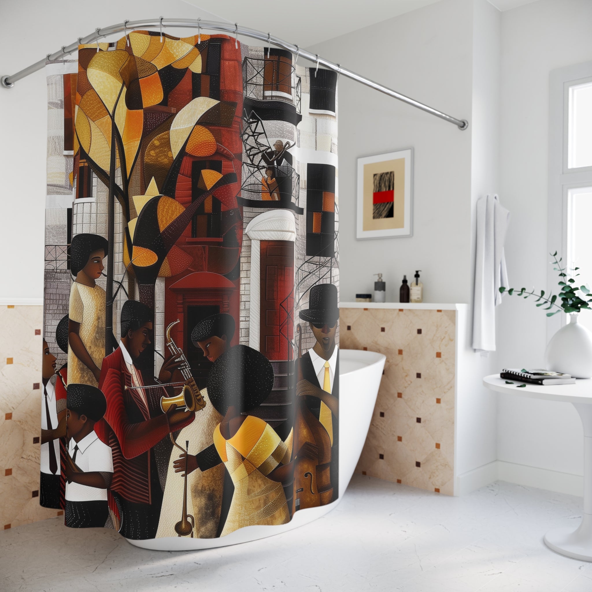 Shower curtain featuring Harlem Renaissance jazz musicians in an Afro Bauhaus bohemian art style; vibrant Afrocentric design perfect for cultural bathroom decor.