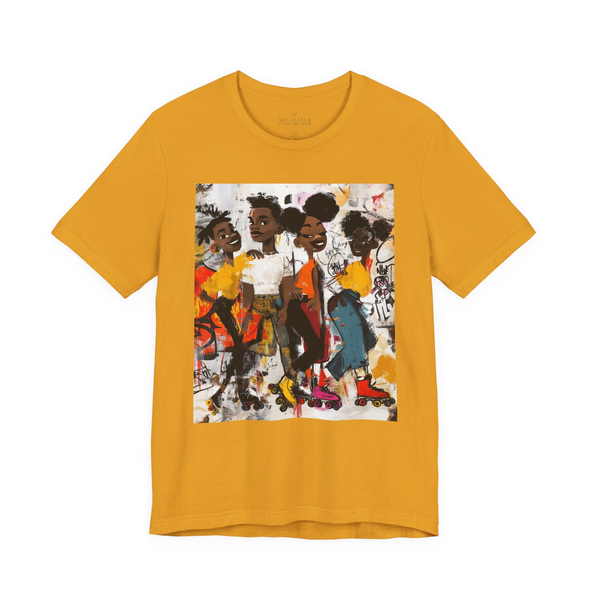 Abstract graffiti-style cartoon illustration of Black roller skaters dancing and skating at a roller rink, featuring vibrant colors, urban street art influences, and Afrocentric cultural themes on a unisex graphic tee shirt.