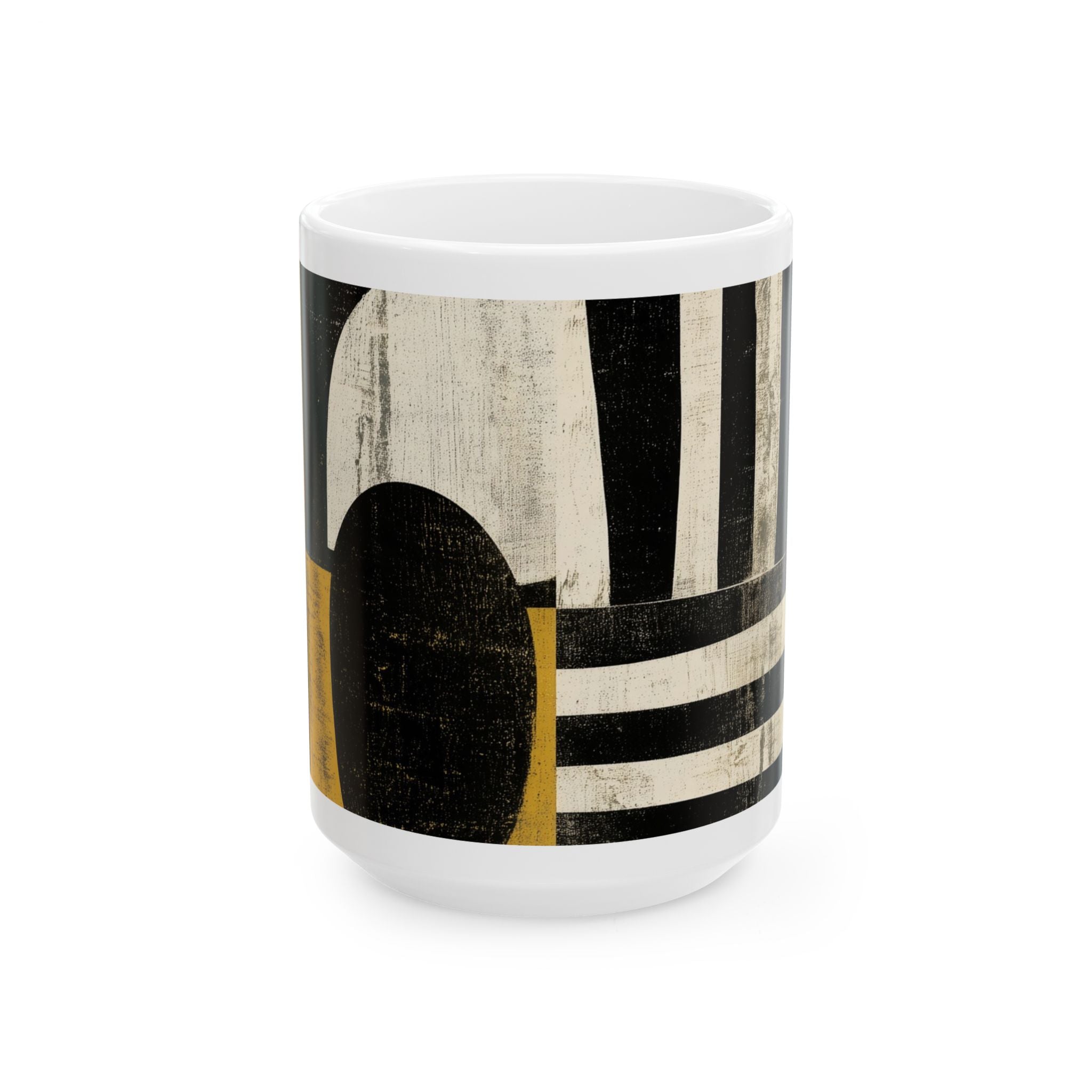 Front view of an 15 oz  Afrocentric geometric coffee mug featuring black, creme and red abstract shapes, arches, stripes and checkerboard patterns, displayed against a white background.