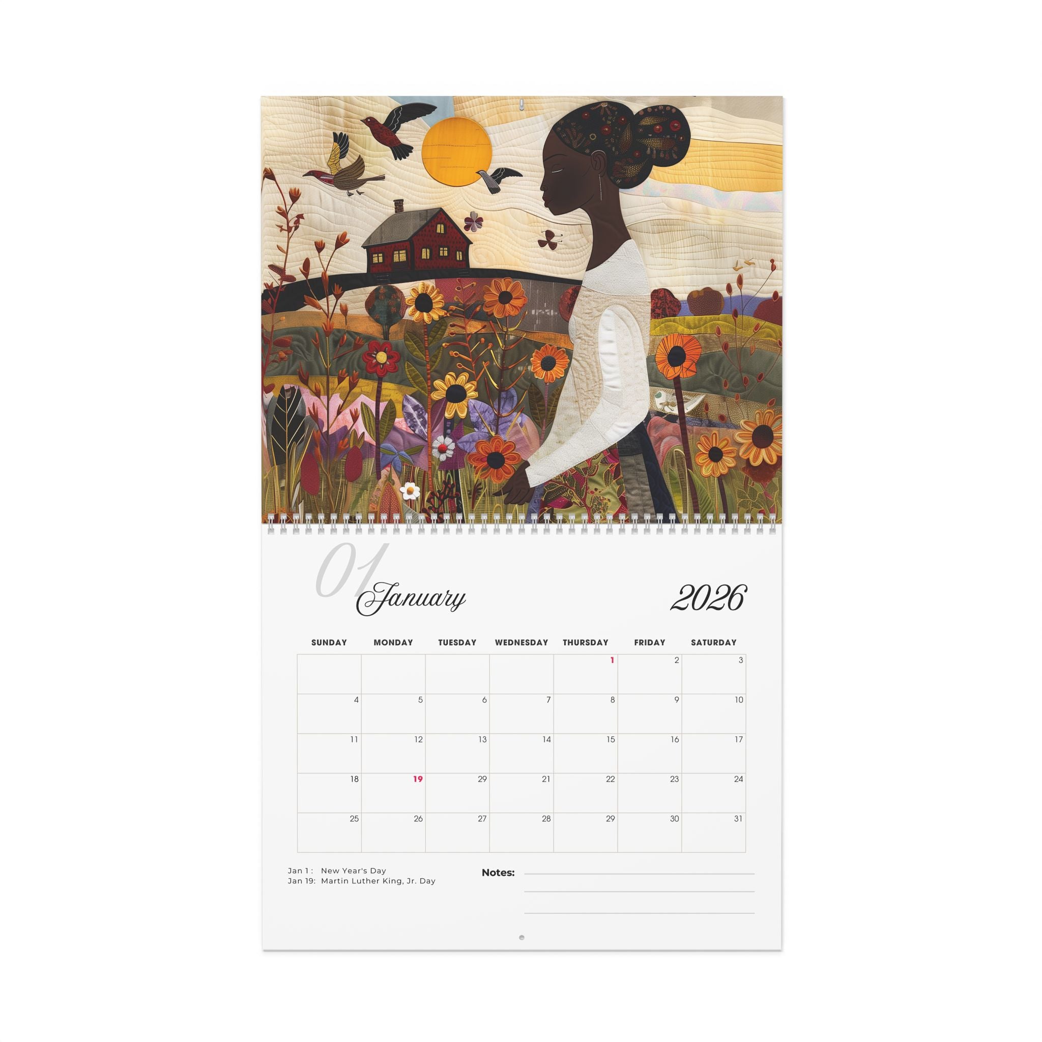 2026 Field of Flowers Wall Calendar featuring Afrocentric art of African American women in fields of wildflowers, created in a 3D quilt-like patchwork illustration style.
