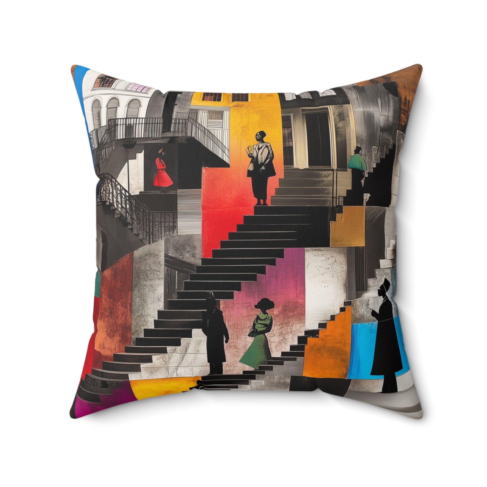 Harlem Neighborhood Faux Suede Square Pillow featuring abstract Black figures sitting on exaggerated brownstone stoops, capturing Harlem life and Afrocentric home style.