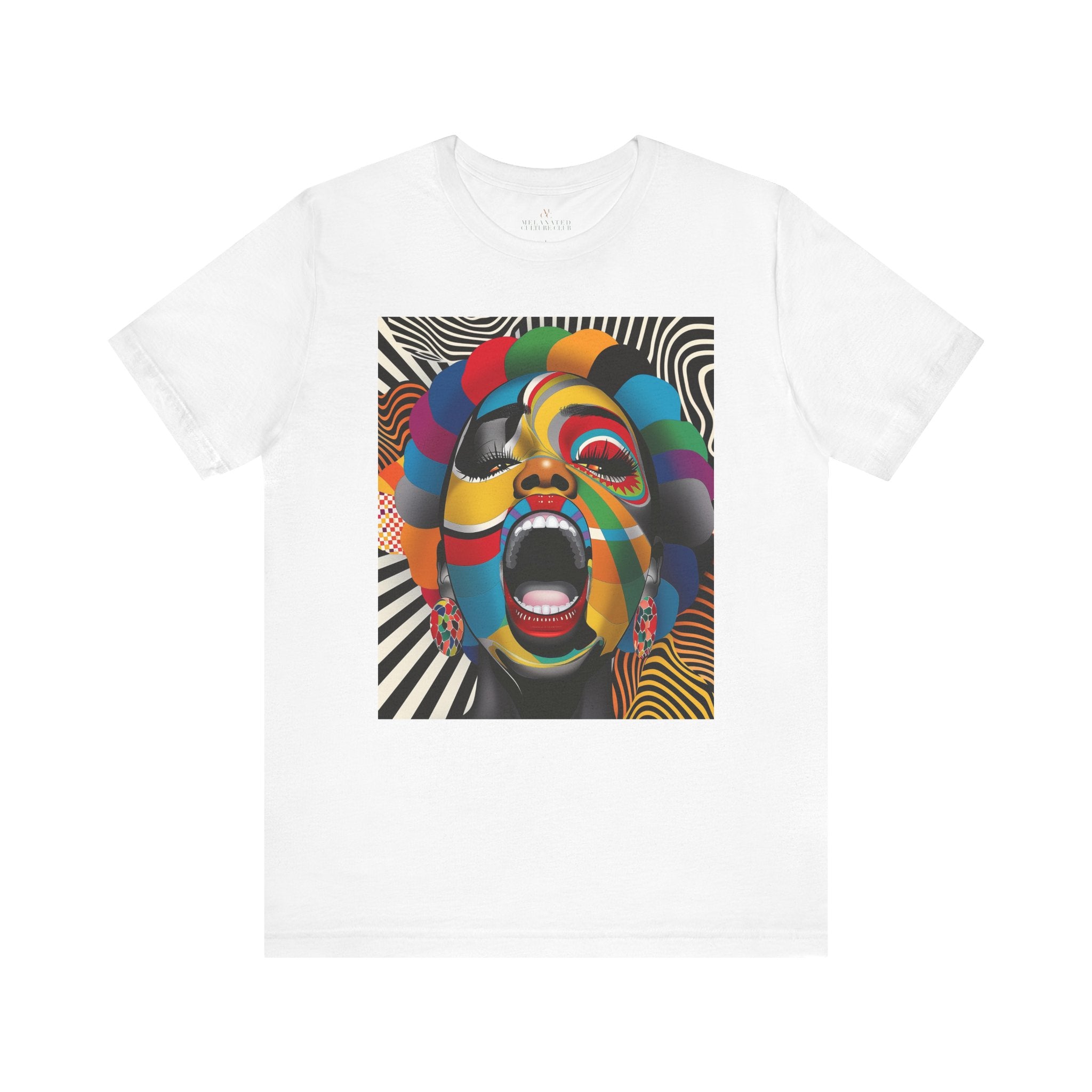 Black woman pop art tee, Afrocentric graphic shirt, scream comic tee, retro 70s psychedelic top, Black streetwear fashion, Afro pop culture shirt, vibrant Black woman art tee, halftone retro t-shirt, Afro art clothing, bold comic style tee