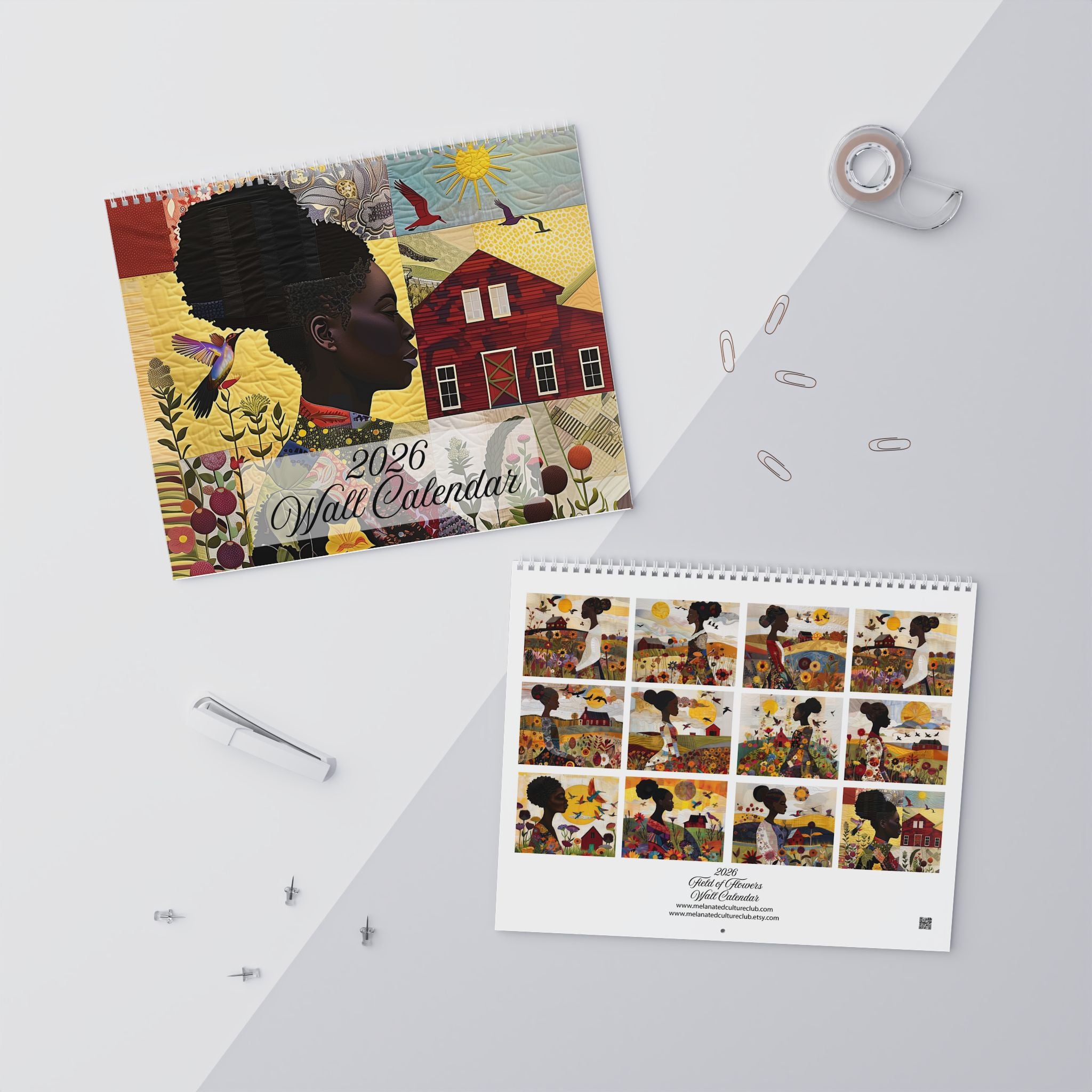 2026 Field of Flowers Wall Calendar featuring Afrocentric art of African American women in fields of wildflowers, created in a 3D quilt-like patchwork illustration style. (14 in. x 11 in.)