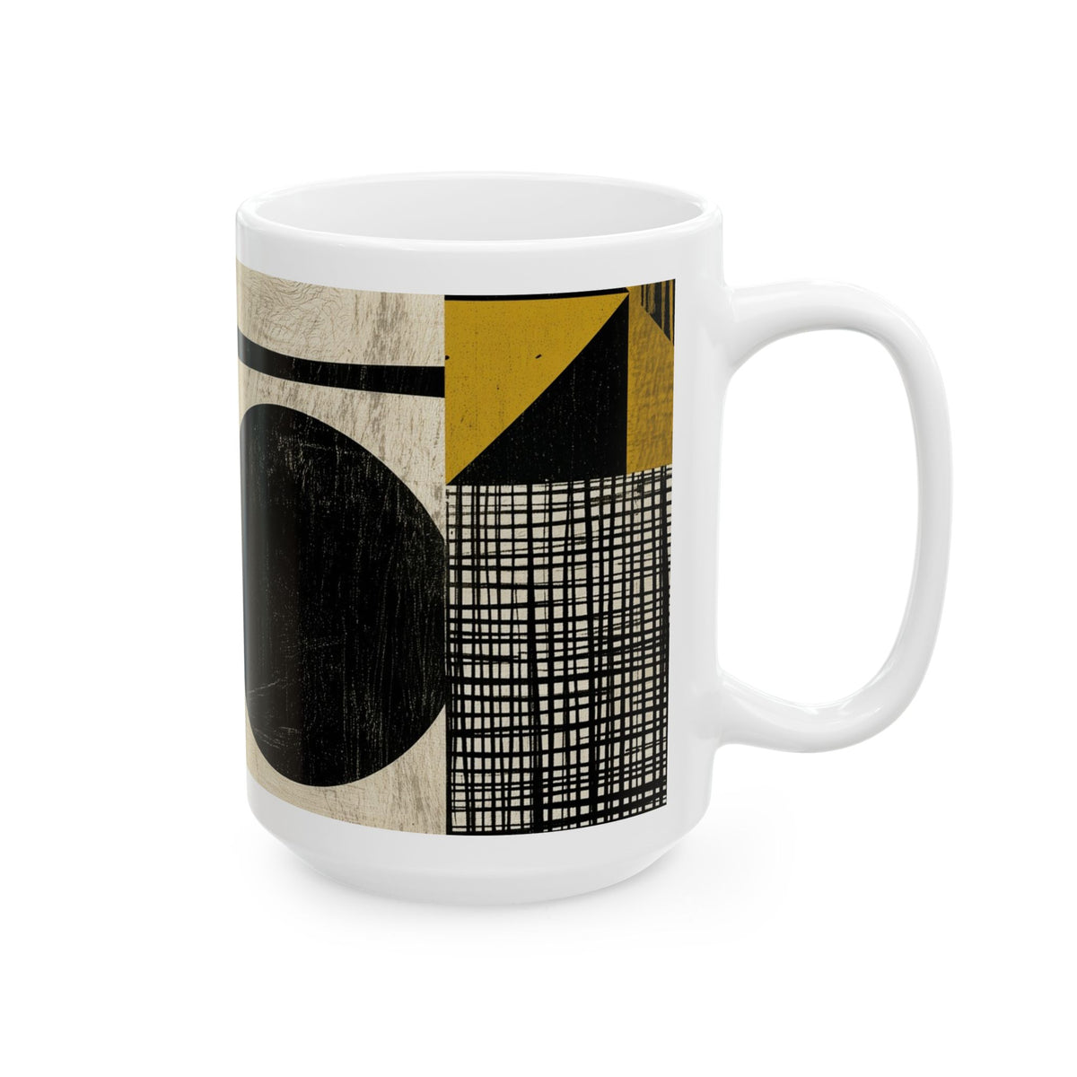 Right handle view of an 15 oz  Afrocentric geometric coffee mug featuring bold black, mustard gold, cream and red abstract shapes, arches, stripes and checkerboard patterns, displayed against a white background.