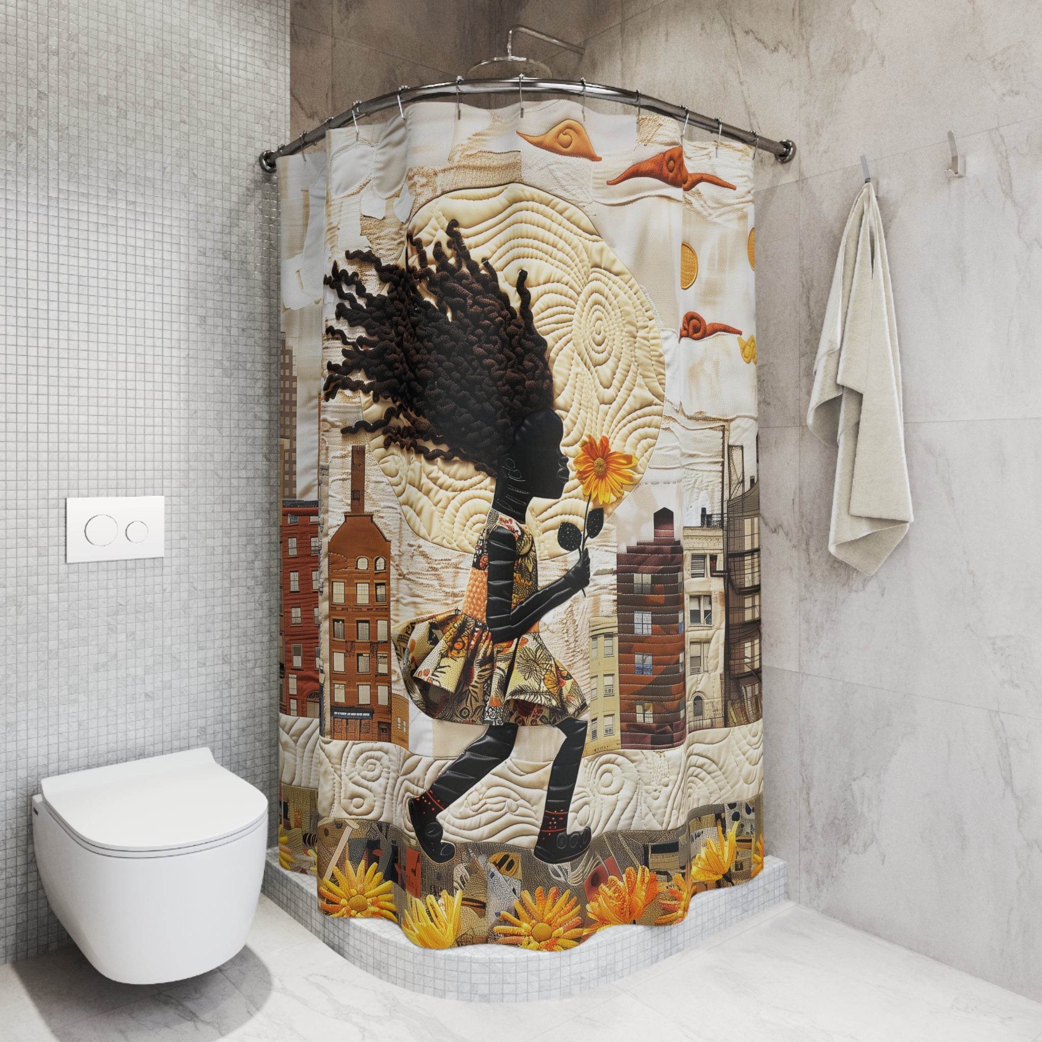 A bathroom scene showing a shower curtain with a whimsical Harlem cityscape illustration and a Black girl holding a sunflower.   The shower curtain is hung on a curved shower curtain rod of a shower stall.