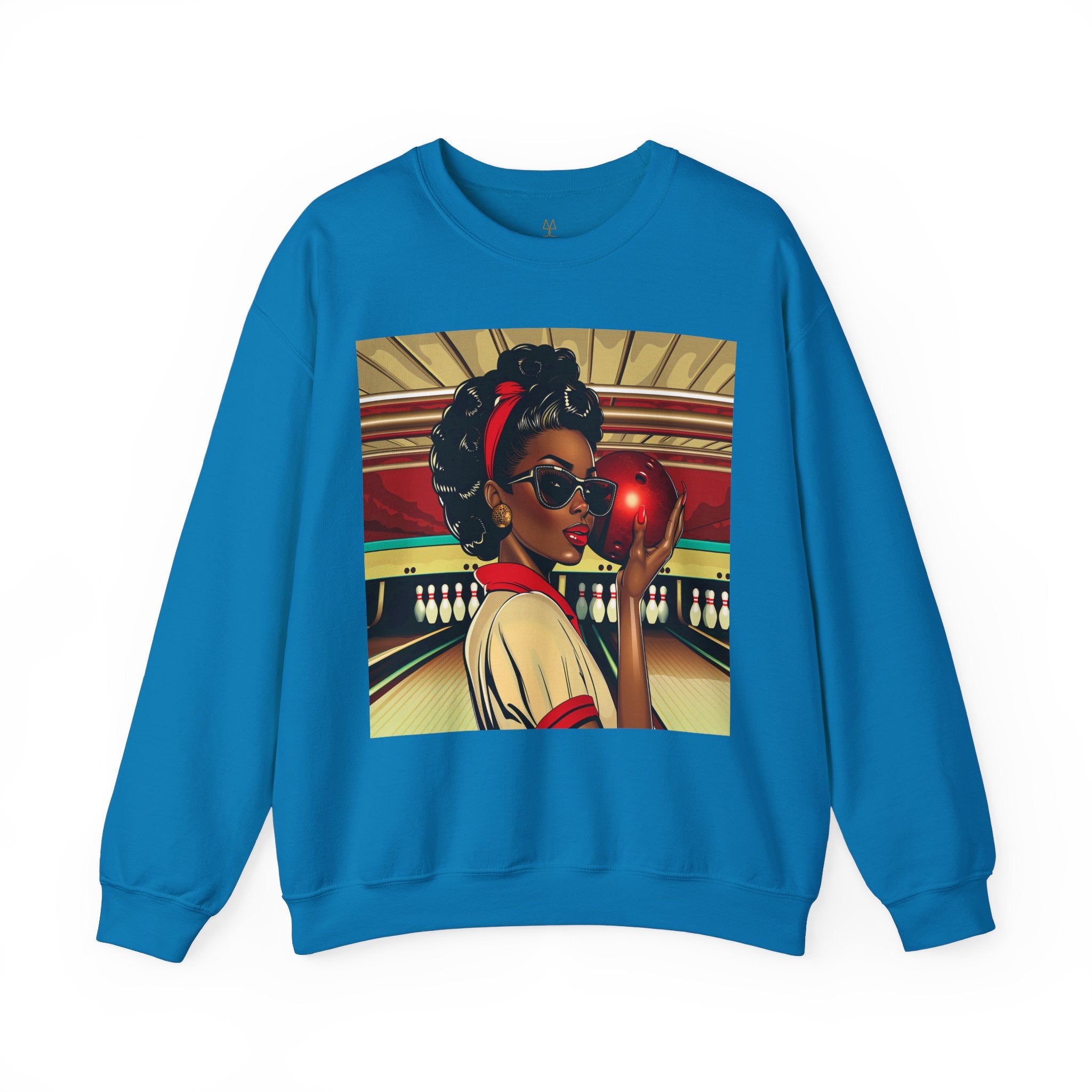 African American Woman Bowling Sweatshirt in sapphire.