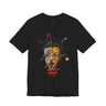 Abstract Afrocentric t-shirt featuring a split-face portrait of a Black man, half human and half robot, with expressive facial features and futuristic mechanical details in an Afrofuturism art style. Series 02