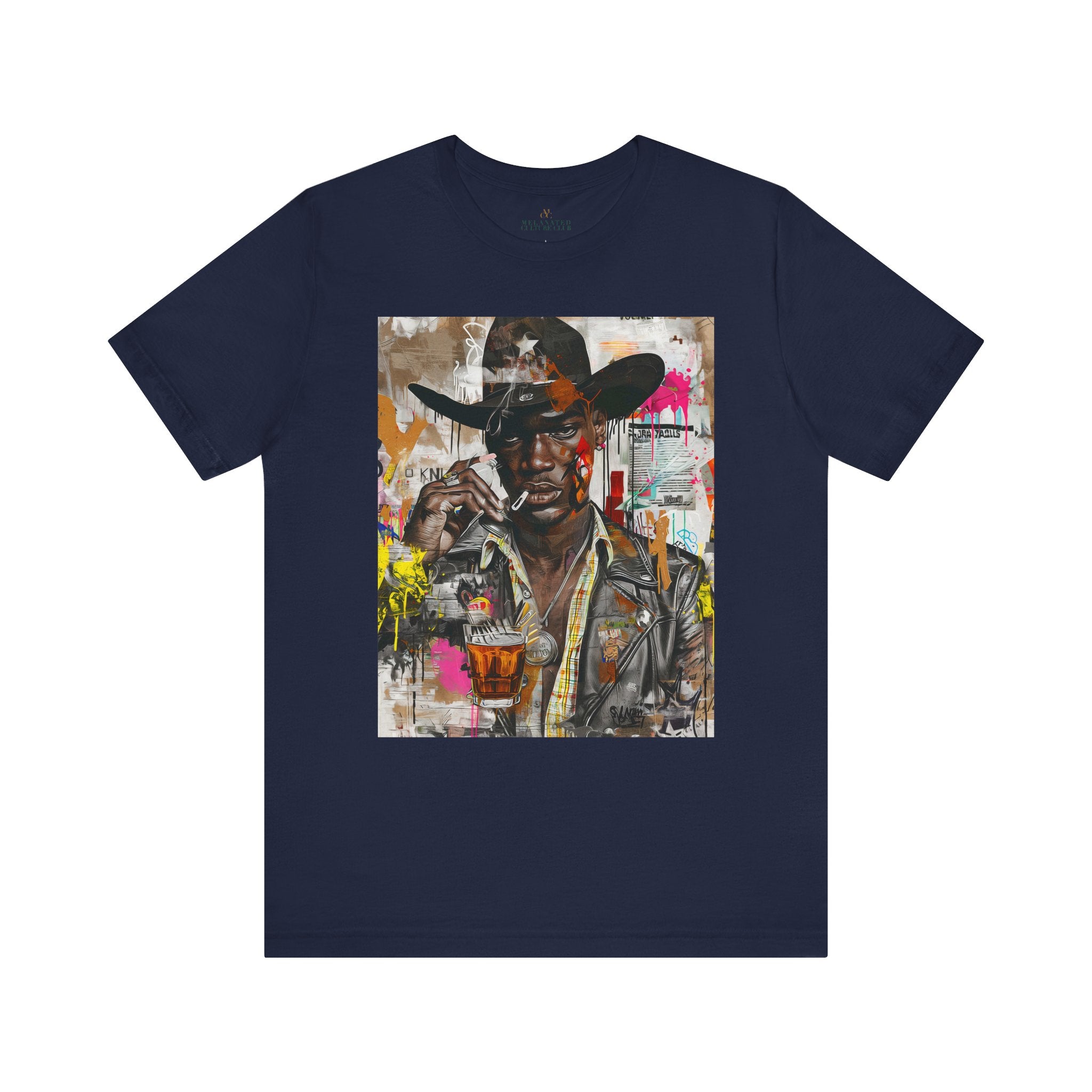 Black Cowboy Tee Cartoon Style Graffiti Collage Edgy - Style 03 - in navy.