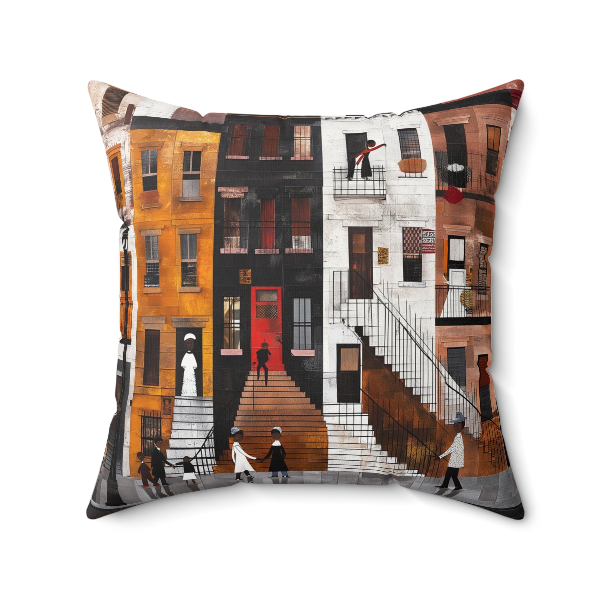 Harlem Neighborhood Faux Suede Square Pillow featuring an abstract Afrocentric design inspired by Harlem street life and culture. A vibrant African American art accent pillow for sofa or bed decor.