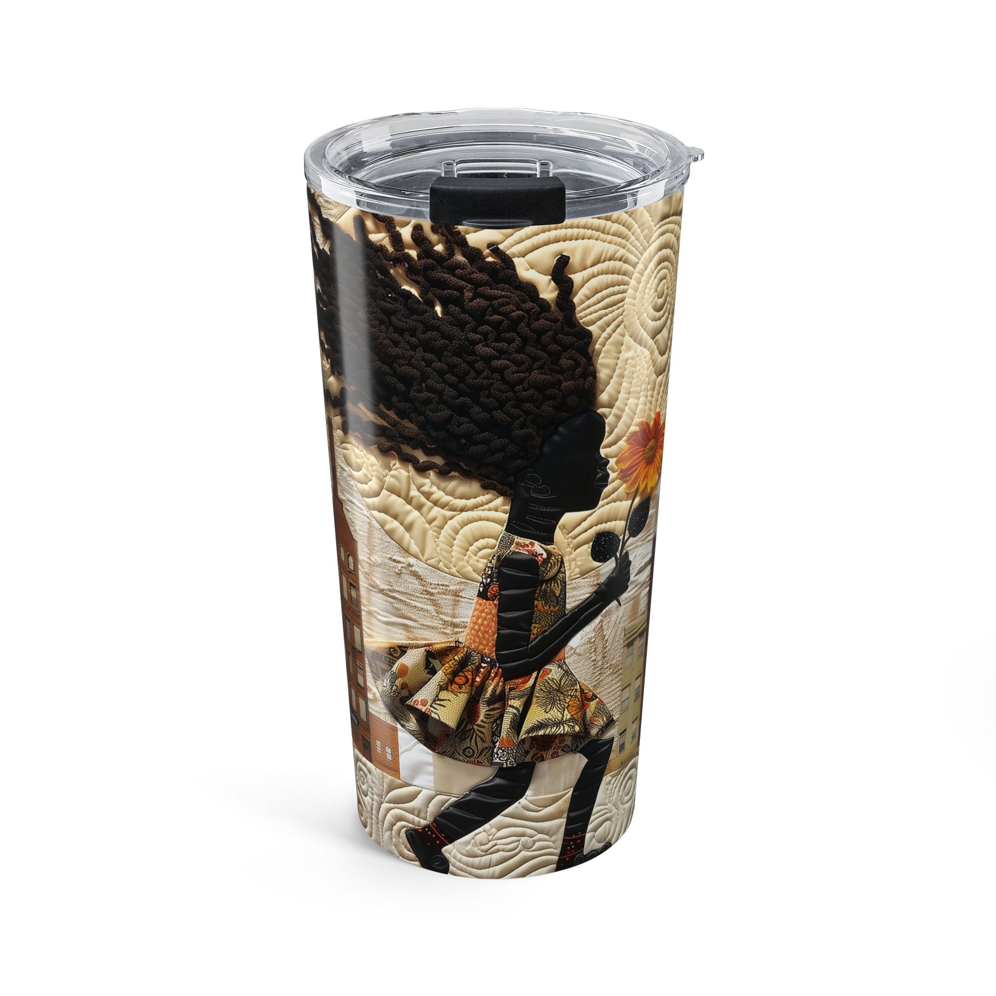 20 oz stainless steel travel tumbler featuring a young Black girl carrying a yellow sunflower while walking through Harlem. Her long braids blow in the wind with historic Harlem brownstones and New York City architecture in the background, illustrated in a colorful Afrocentric faux quilt collage style.  Tumbler is featured with lid on top against a white background.