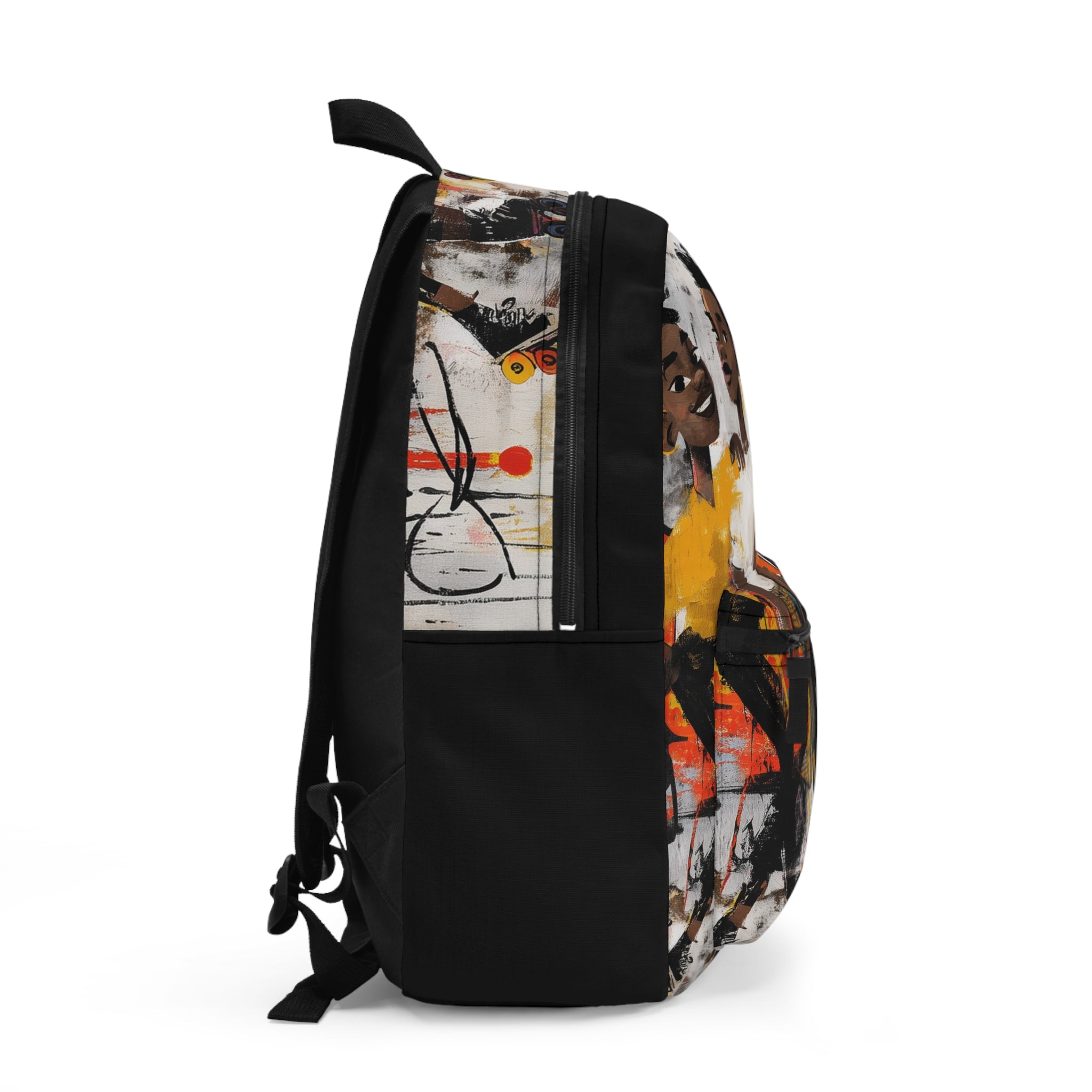 Left side view of a backpack with a black lower half and a side panel featuring an abstract graffiti-style print of Black teen roller skaters against a plain white background.