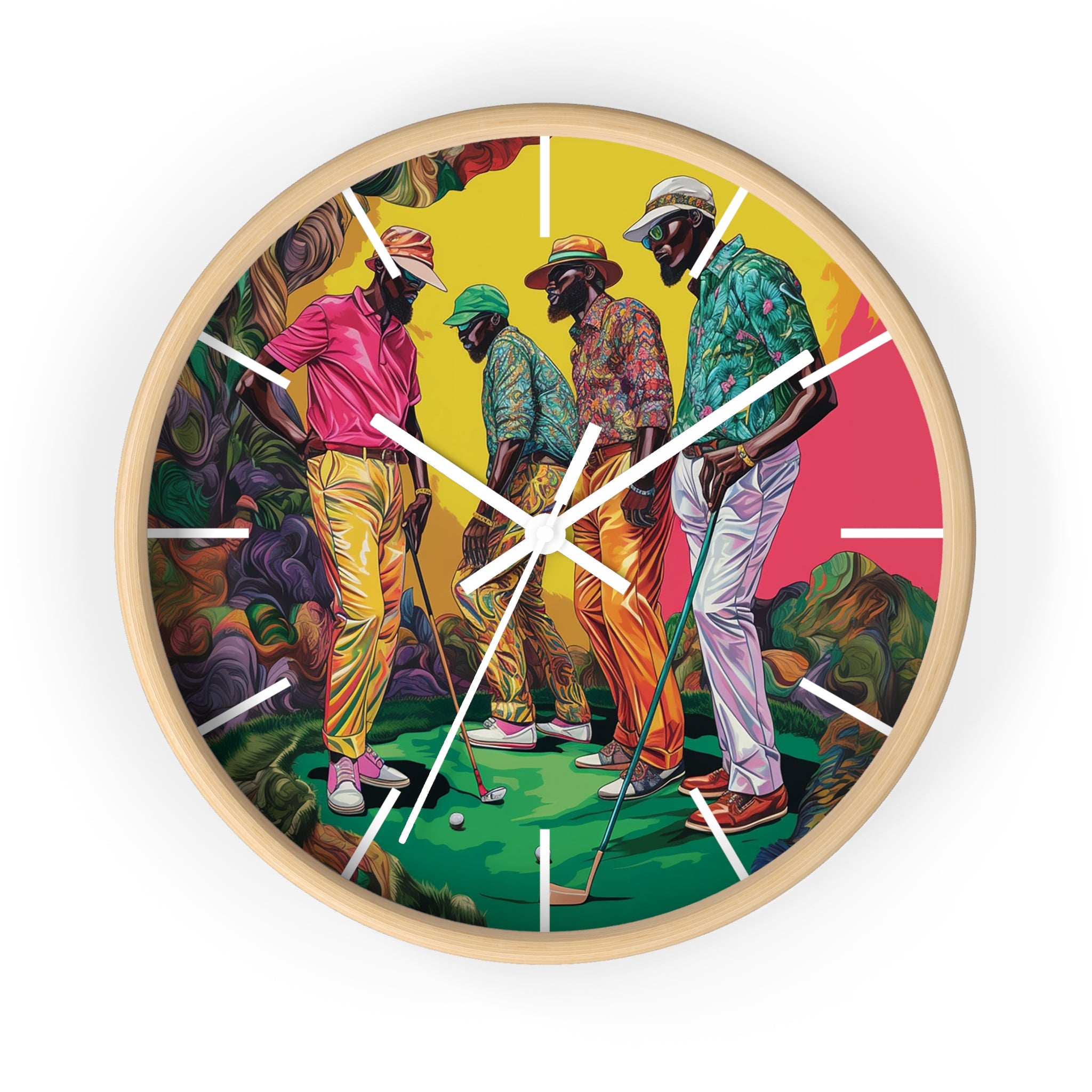 Black Men Playing Golf Wall Clock featuring African American golfers on the green. Afrocentric sports wall decor celebrating Black men in golf, leisure, and culture.