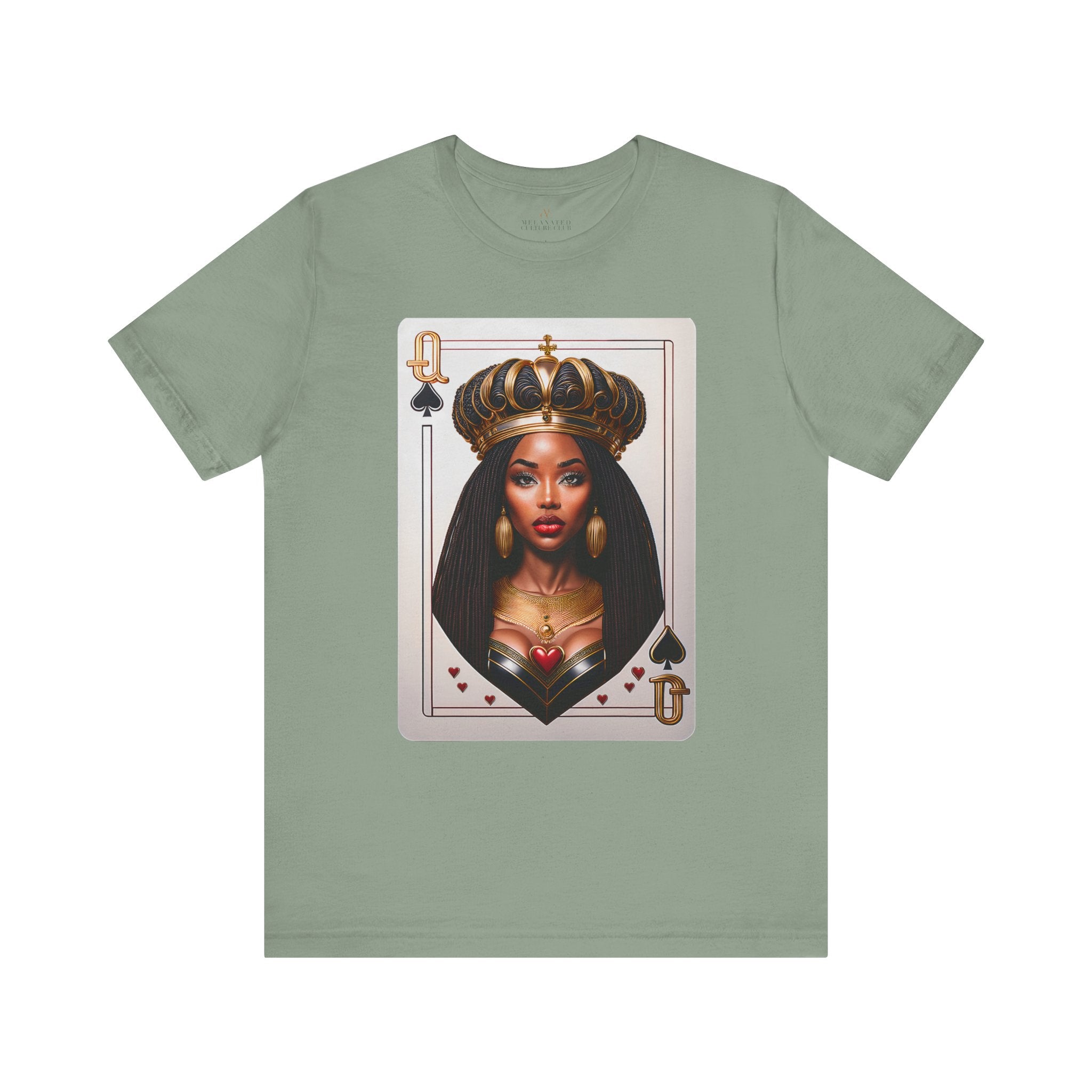 Black Queen of Spades Tee Shirt featuring an illustrated African American woman with an afro and gold crown, styled as the Queen of Spades playing card. Afrocentric vintage-inspired streetwear design in bold red, gold, and black colors.
