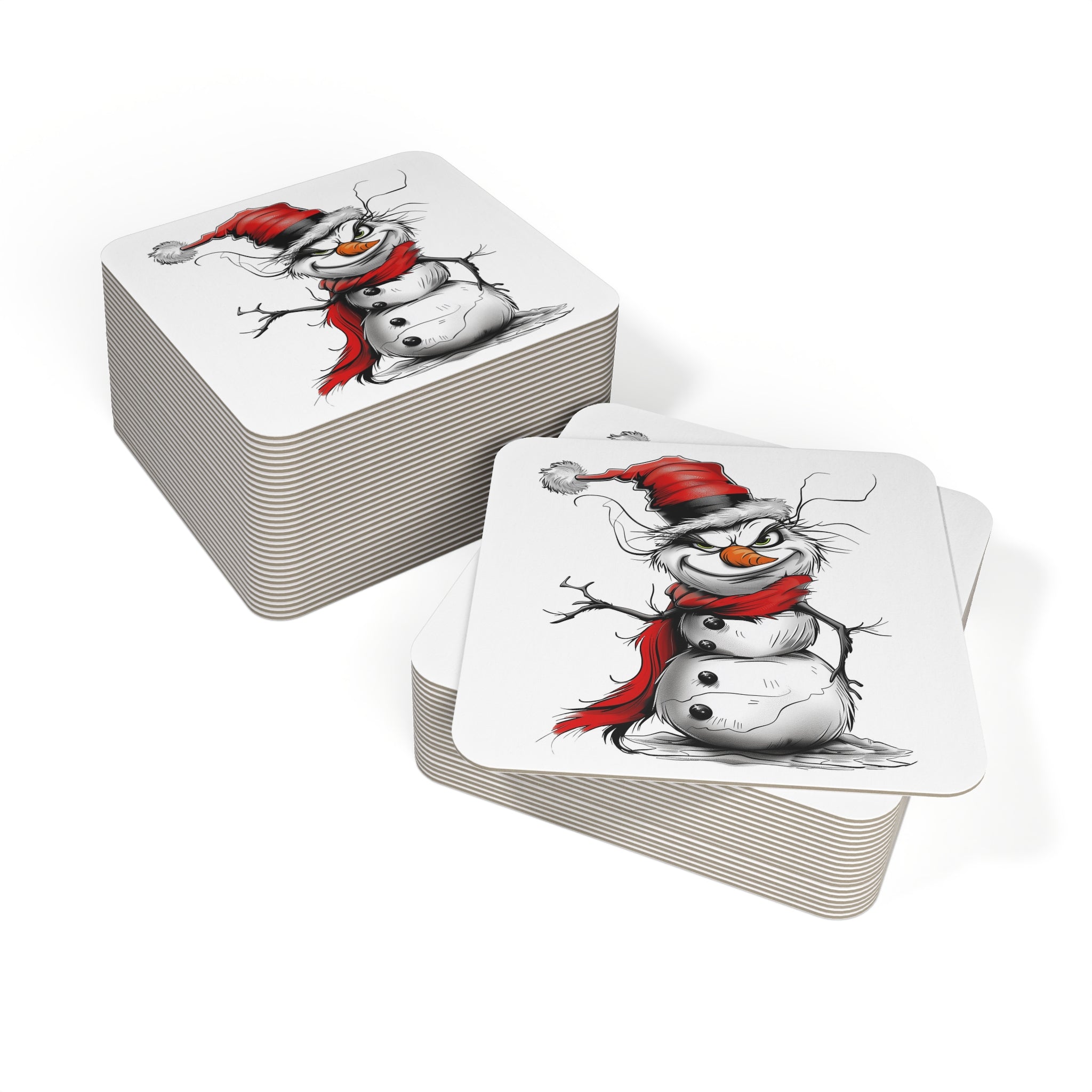 Holiday Grinch Snowman Coasters featuring a mischievous snowman design with a Grinch-like grin, perfect for Christmas holiday barware, festive table decor, and party essentials.