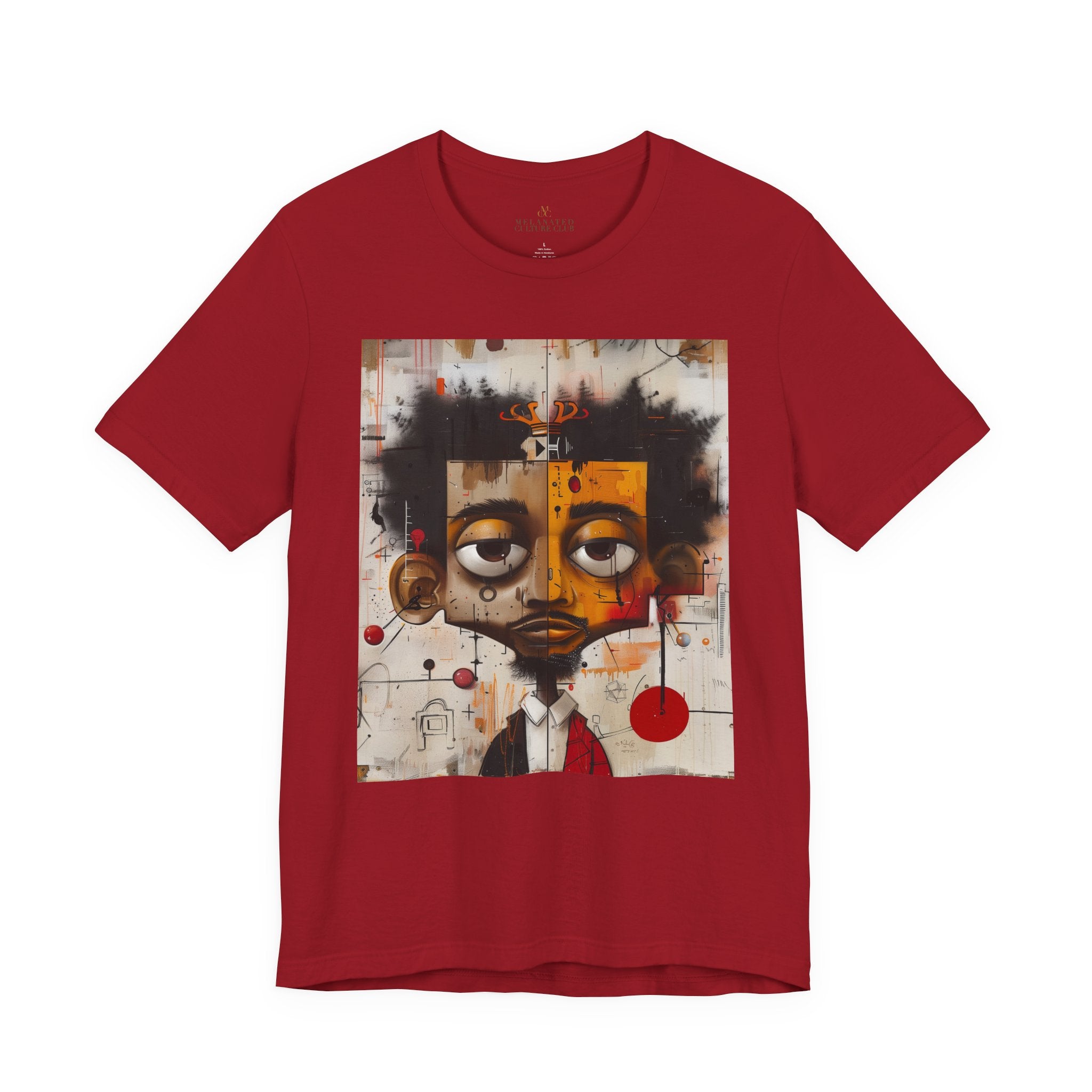 Abstract Afrocentric t-shirt featuring a split-face portrait of a Black man, half human and half robot, with expressive facial features and futuristic mechanical details in an Afrofuturism art style. Series 05