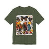 Abstract graffiti-style cartoon illustration of Black roller skaters dancing and skating at a roller rink, featuring vibrant colors, urban street art influences, and Afrocentric cultural themes on a unisex graphic tee shirt.