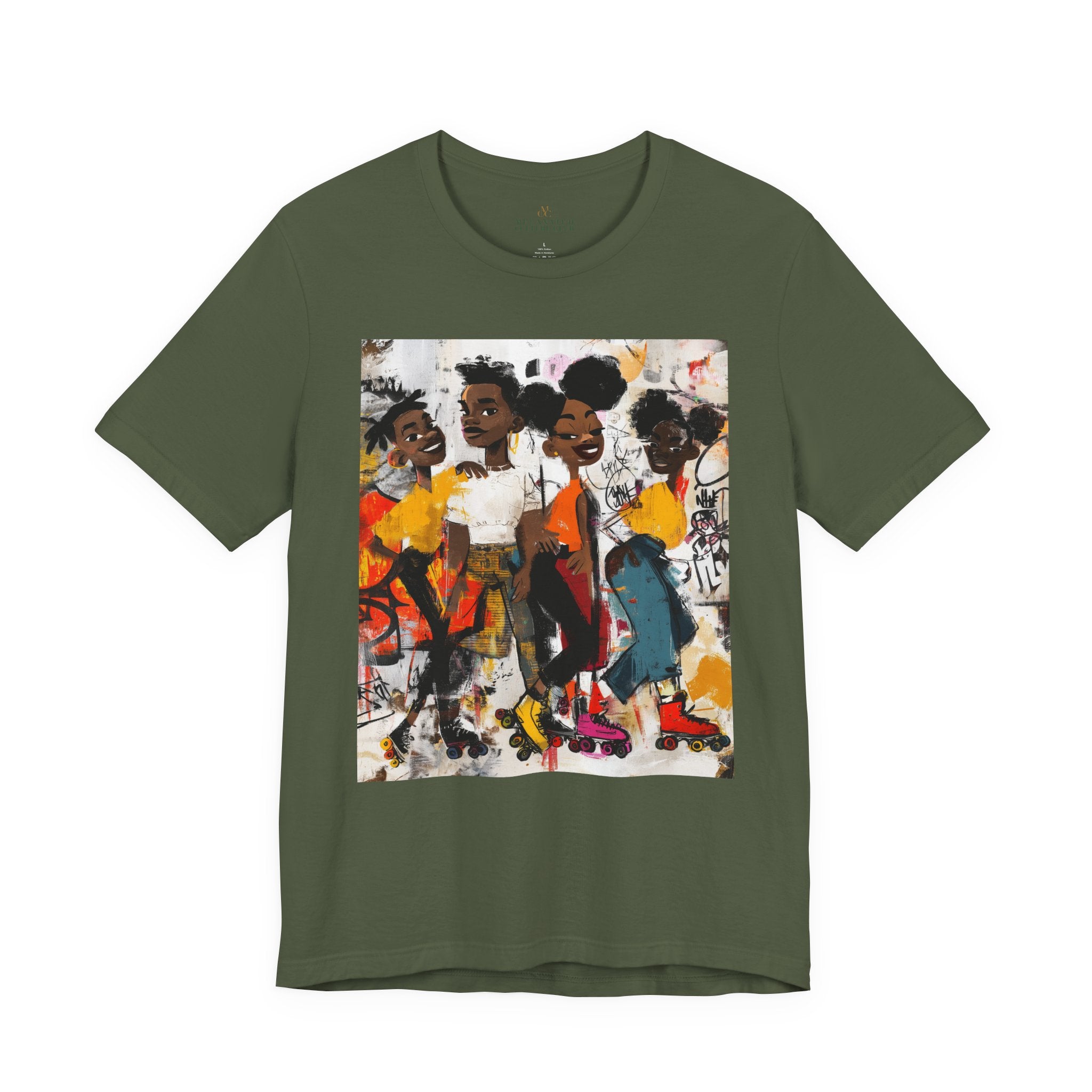 Abstract graffiti-style cartoon illustration of Black roller skaters dancing and skating at a roller rink, featuring vibrant colors, urban street art influences, and Afrocentric cultural themes on a unisex graphic tee shirt.