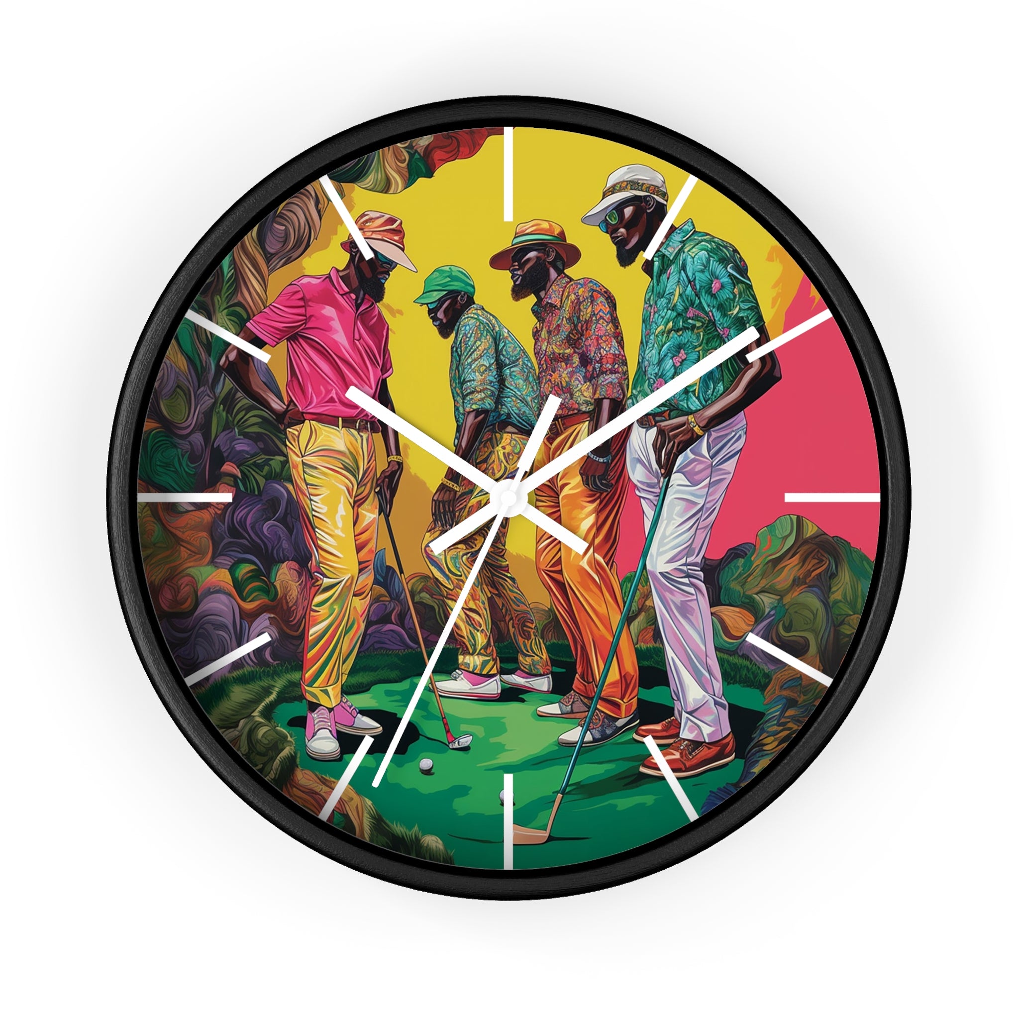 Black Men Playing Golf Wall Clock featuring African American golfers on the green. Afrocentric sports wall decor celebrating Black men in golf, leisure, and culture.