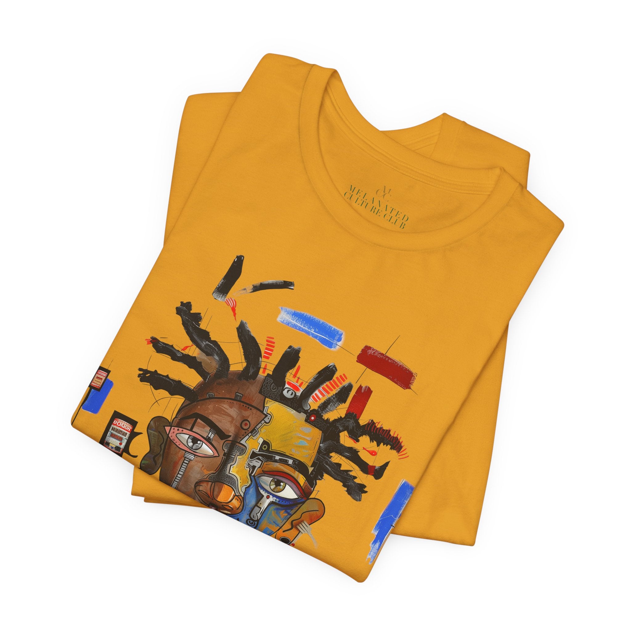 Abstract Afrocentric t-shirt featuring a split-face portrait of a Black man, half human and half robot, with expressive facial features and futuristic mechanical details in an Afrofuturism art style. Series 03