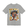 Abstract Afrocentric t-shirt featuring a split-face portrait of a Black man, half human and half robot, with expressive facial features and futuristic mechanical details in an Afrofuturism art style.