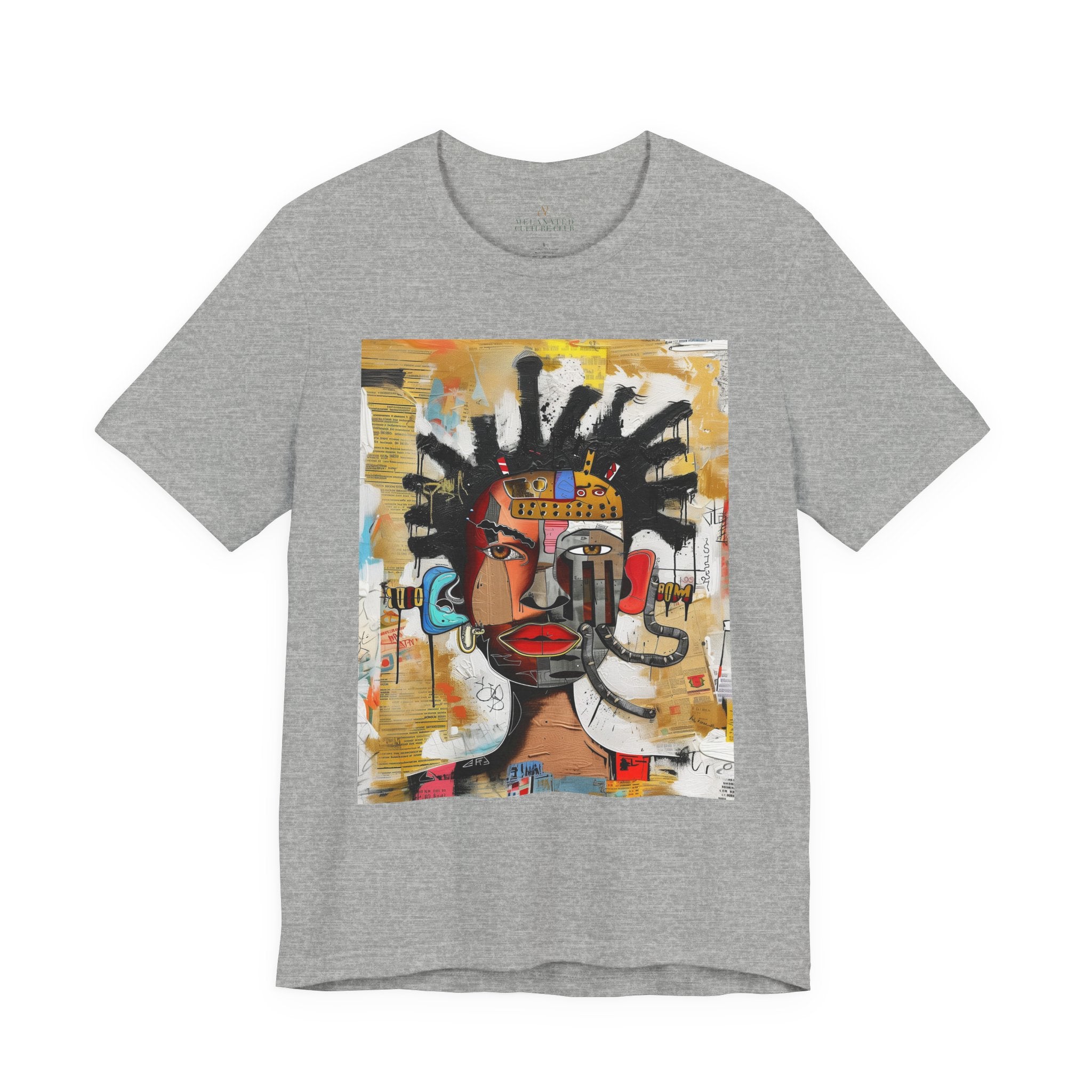 Abstract Afrocentric t-shirt featuring a split-face portrait of a Black man, half human and half robot, with expressive facial features and futuristic mechanical details in an Afrofuturism art style.