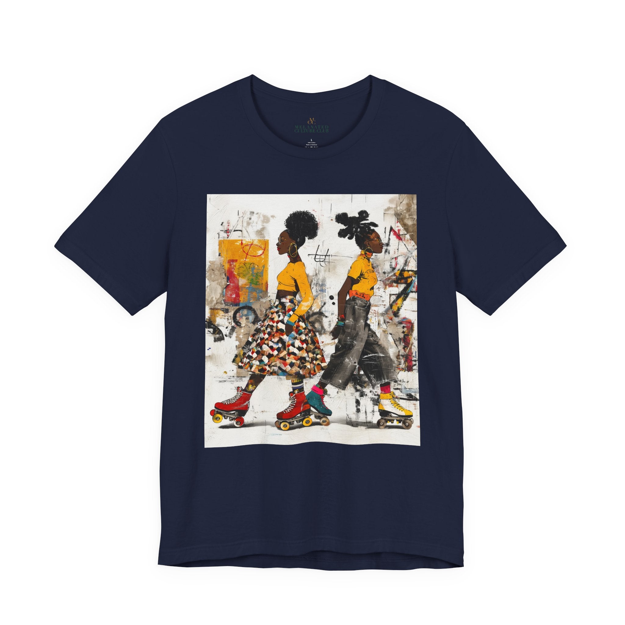 Two Black women with natural hairstyles wearing bold streetwear and roller skates, standing against a colorful abstract graffiti background on an Afrocentric graphic t-shirt.
