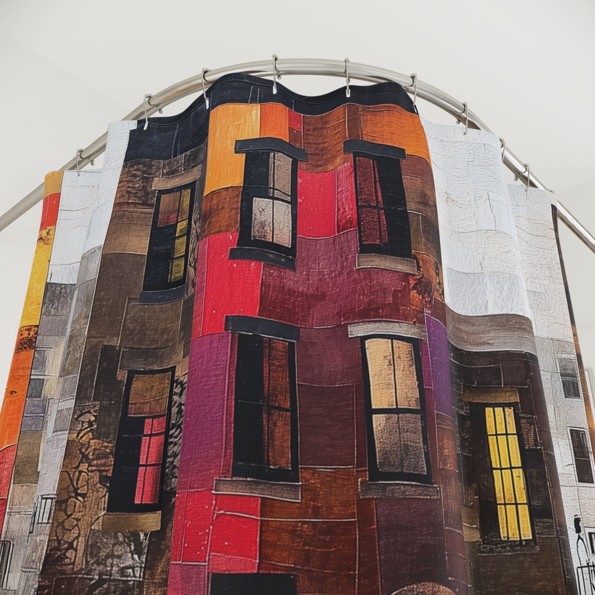 Afrocentric shower curtain featuring Harlem brownstones with Black neighbors gathering on a vibrant street scene inspired by historic NYC community life.