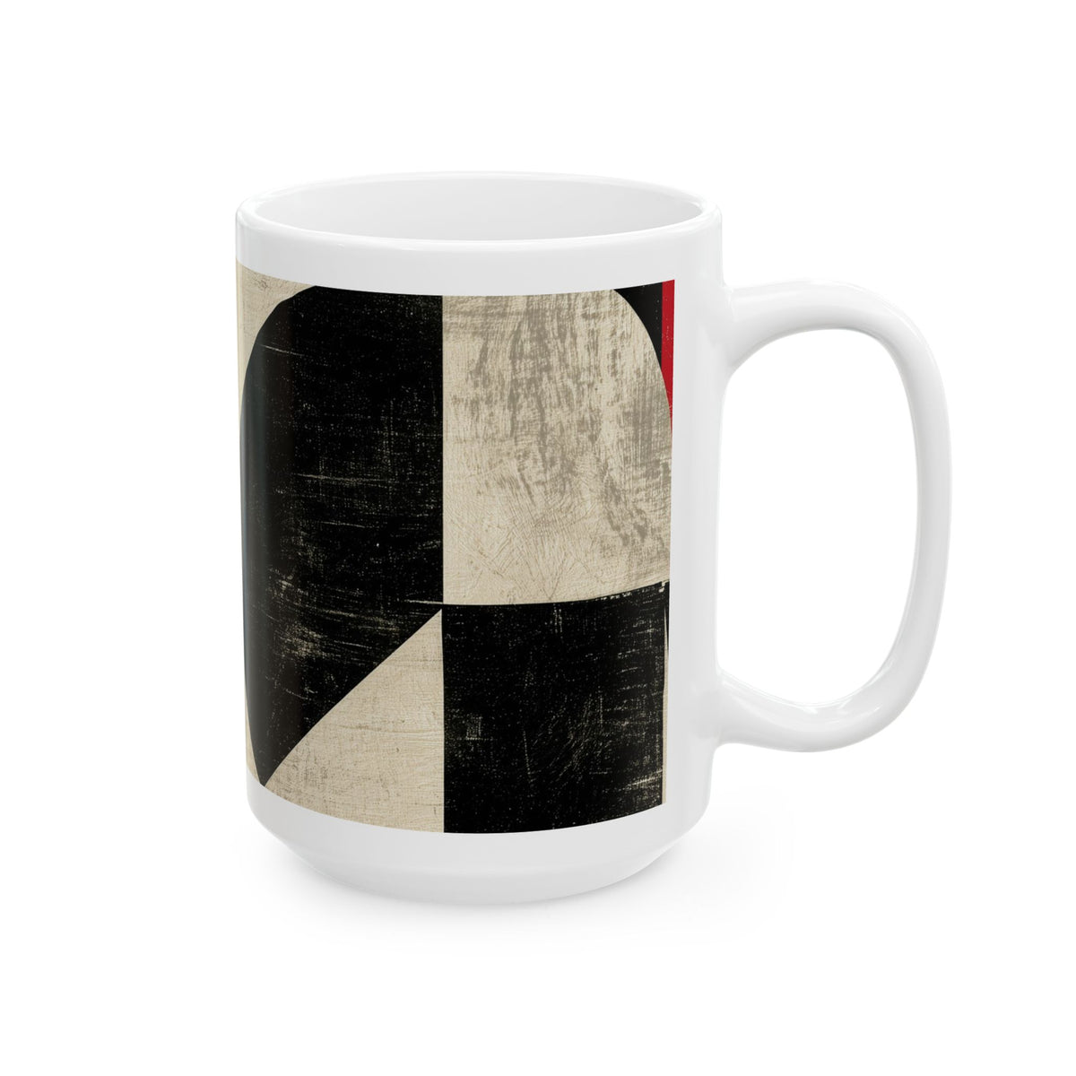 Right handle view of an 15 oz  Afrocentric geometric coffee mug featuring creme, black and red abstract shapes, arches, stripes and checkerboard patterns, displayed on a marble table in a cafe setting.