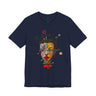 Abstract Afrocentric t-shirt featuring a split-face portrait of a Black man, half human and half robot, with expressive facial features and futuristic mechanical details in an Afrofuturism art style. Series 02