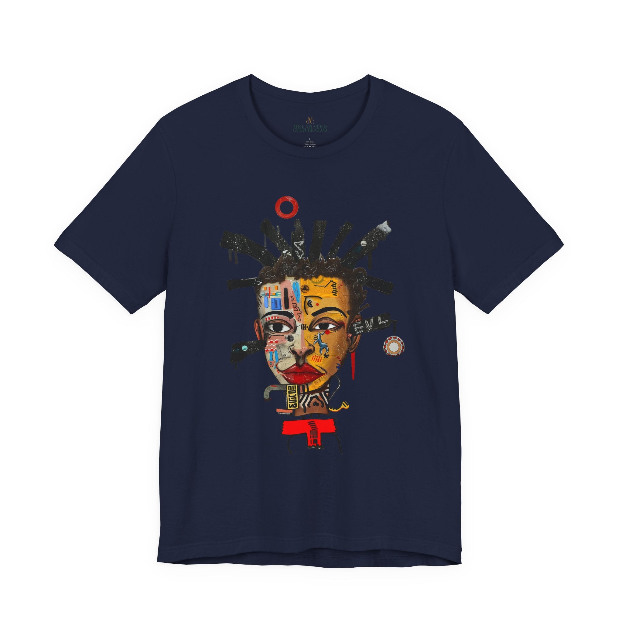 Abstract Afrocentric t-shirt featuring a split-face portrait of a Black man, half human and half robot, with expressive facial features and futuristic mechanical details in an Afrofuturism art style. Series 02