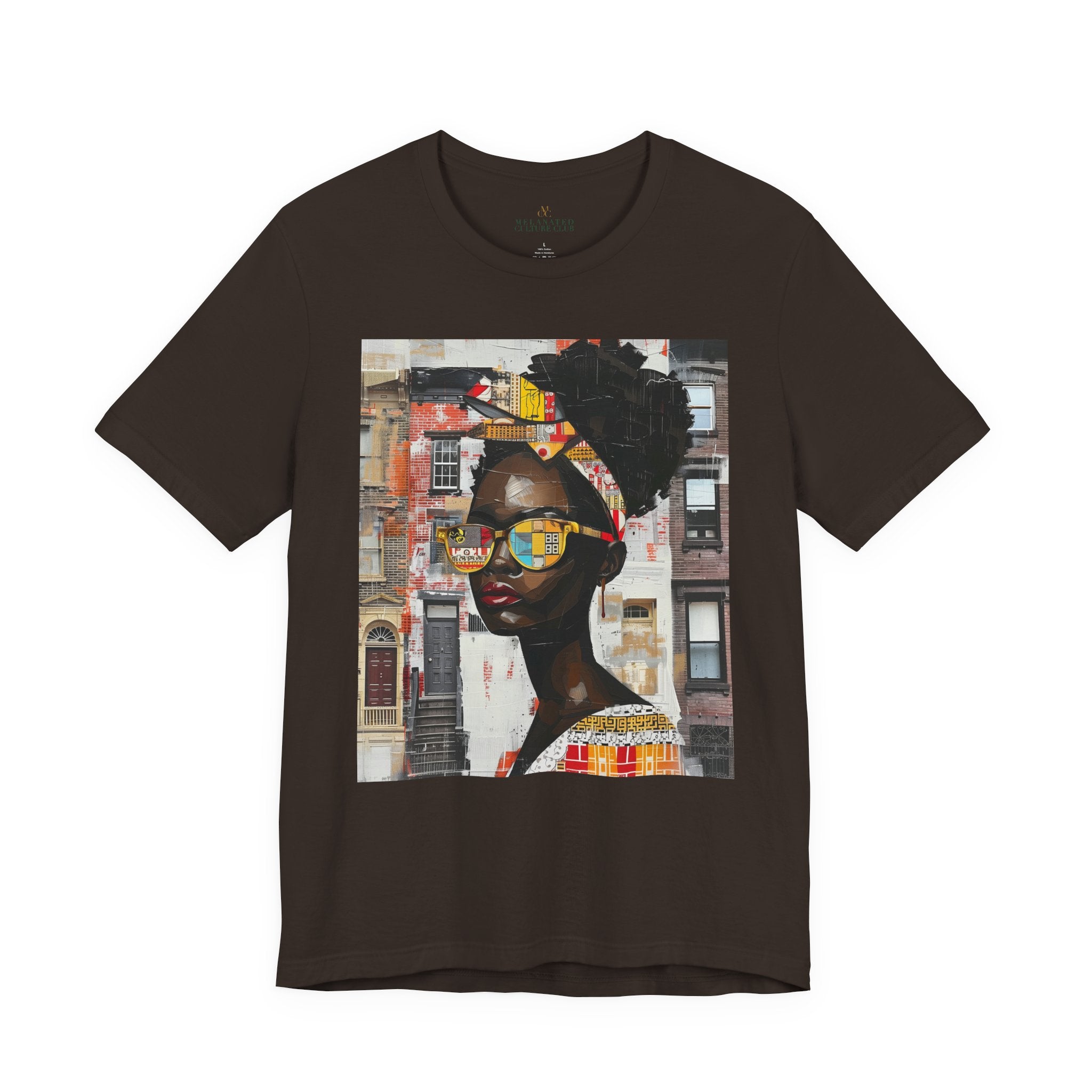 Boss Babe Kendra abstract graffiti T-shirt in brown against a white background.