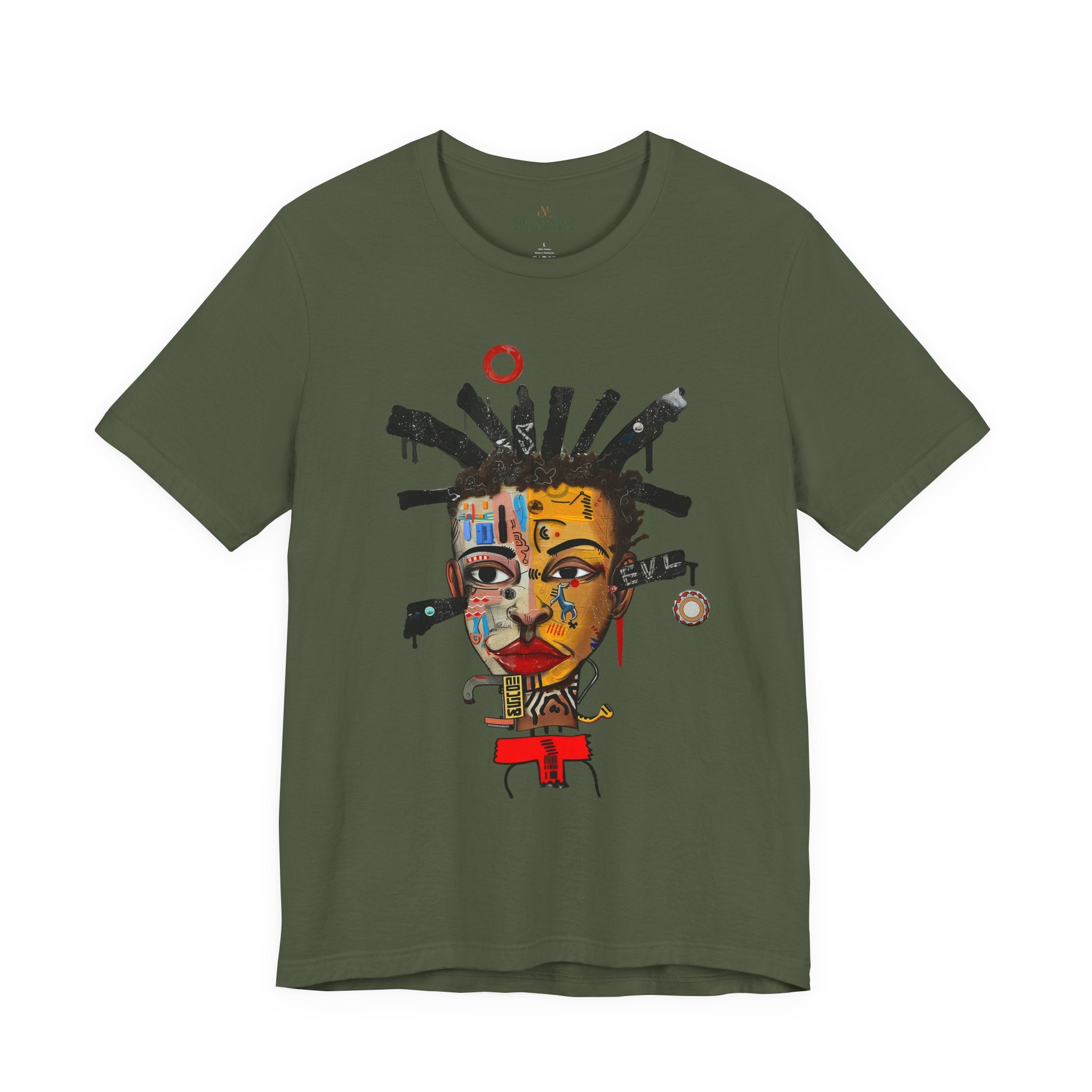 Abstract Afrocentric t-shirt featuring a split-face portrait of a Black man, half human and half robot, with expressive facial features and futuristic mechanical details in an Afrofuturism art style. Series 02