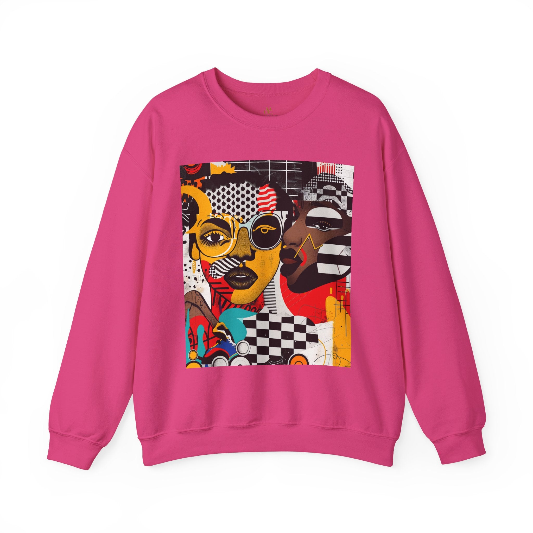 Black Women Collage Art Sweatshirt featuring a vibrant multidimensional “Soul Sister” pop art design in bold colors, Afrocentric graphic crewneck celebrating cultural pride and heritage.