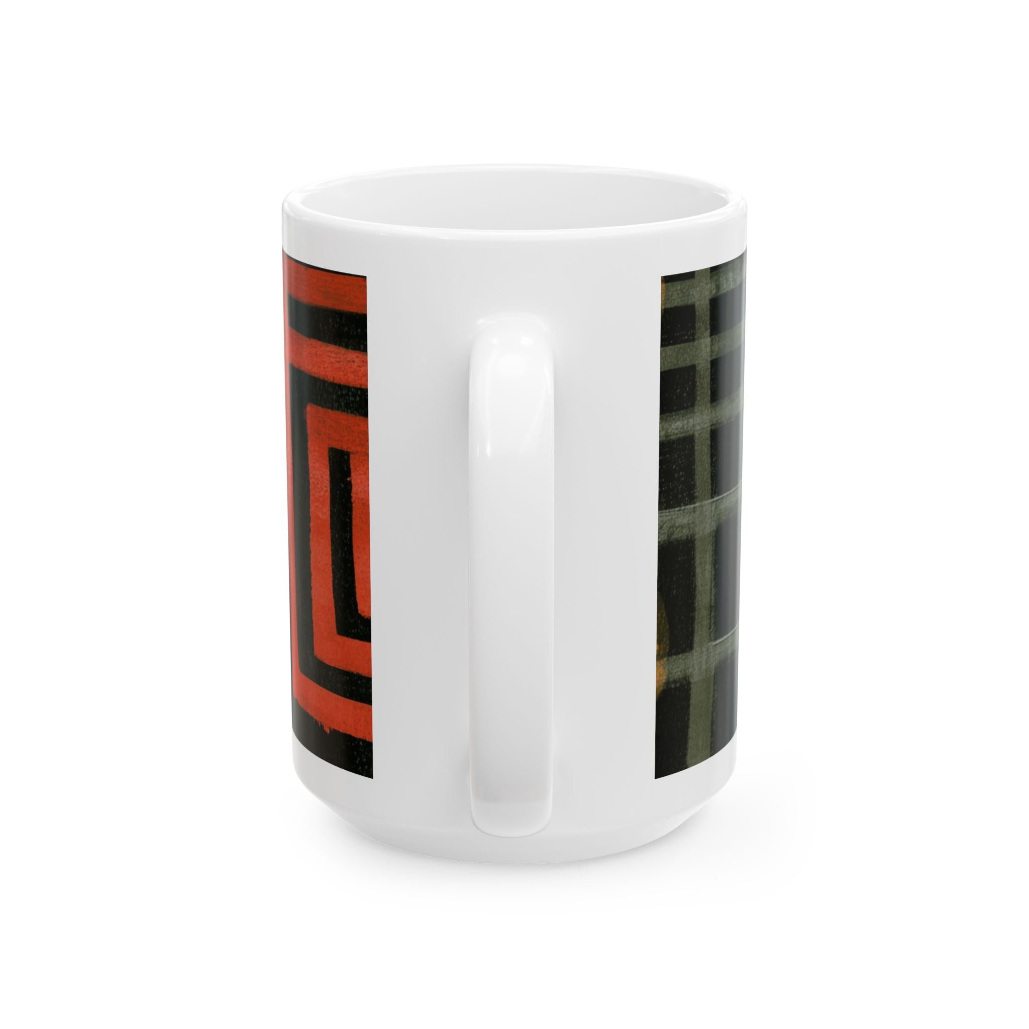 Back view of 15 oz Afrocentric abstract coffee mug featuring bold geometric shapes and textured patterns in red, gold, black, and cream, displayed against a white background.