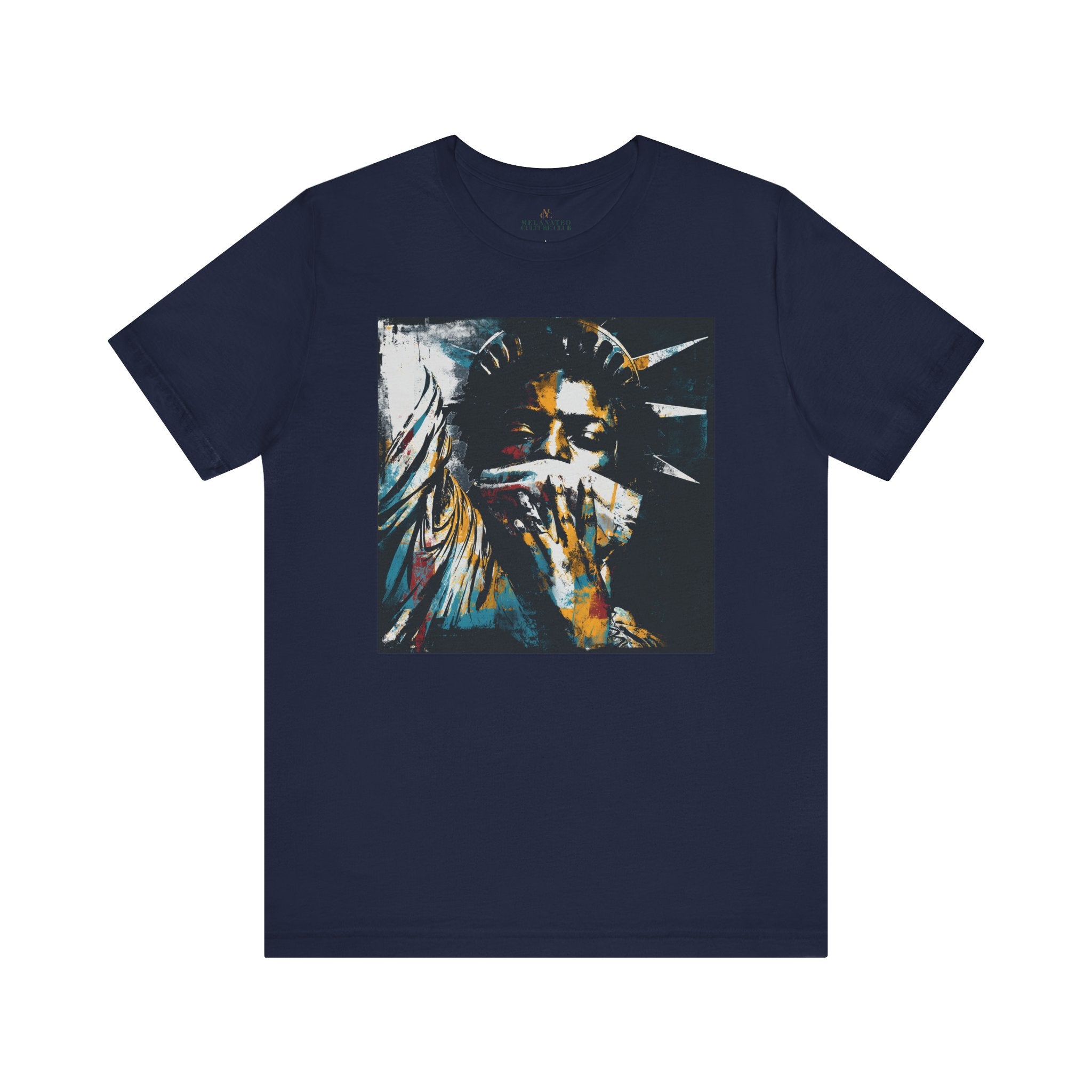 Black woman depicted as Statue of Liberty with mouth covered by white cloth symbolizing silenced freedom of speech First Amendment protest art on tee shirt.