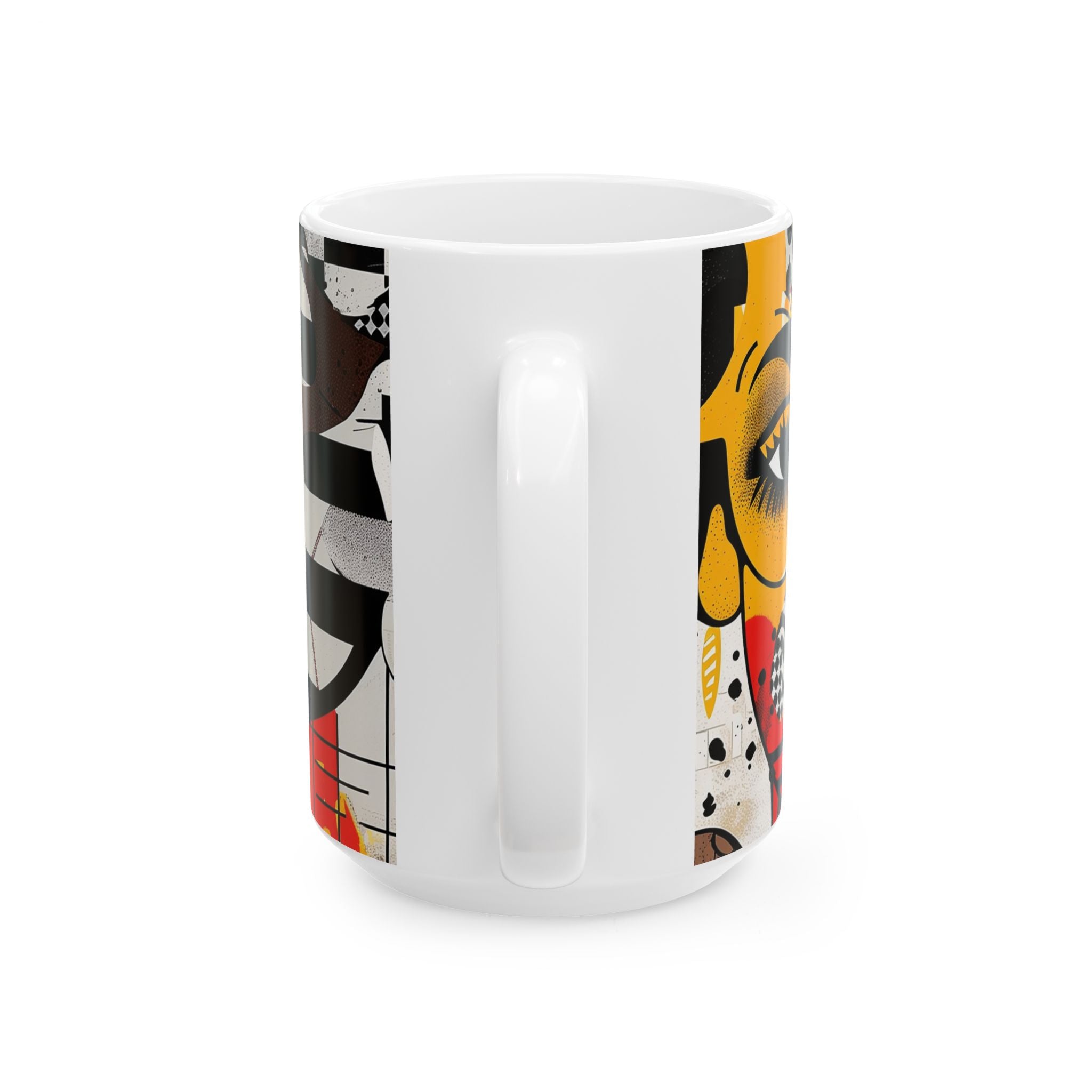 Coffee mug featuring two soulful Black sisters in colorful abstract Afrocentric collage artwork with bold pop art, graffiti-inspired textures, and vibrant contemporary styling.  15 oz size, back view.