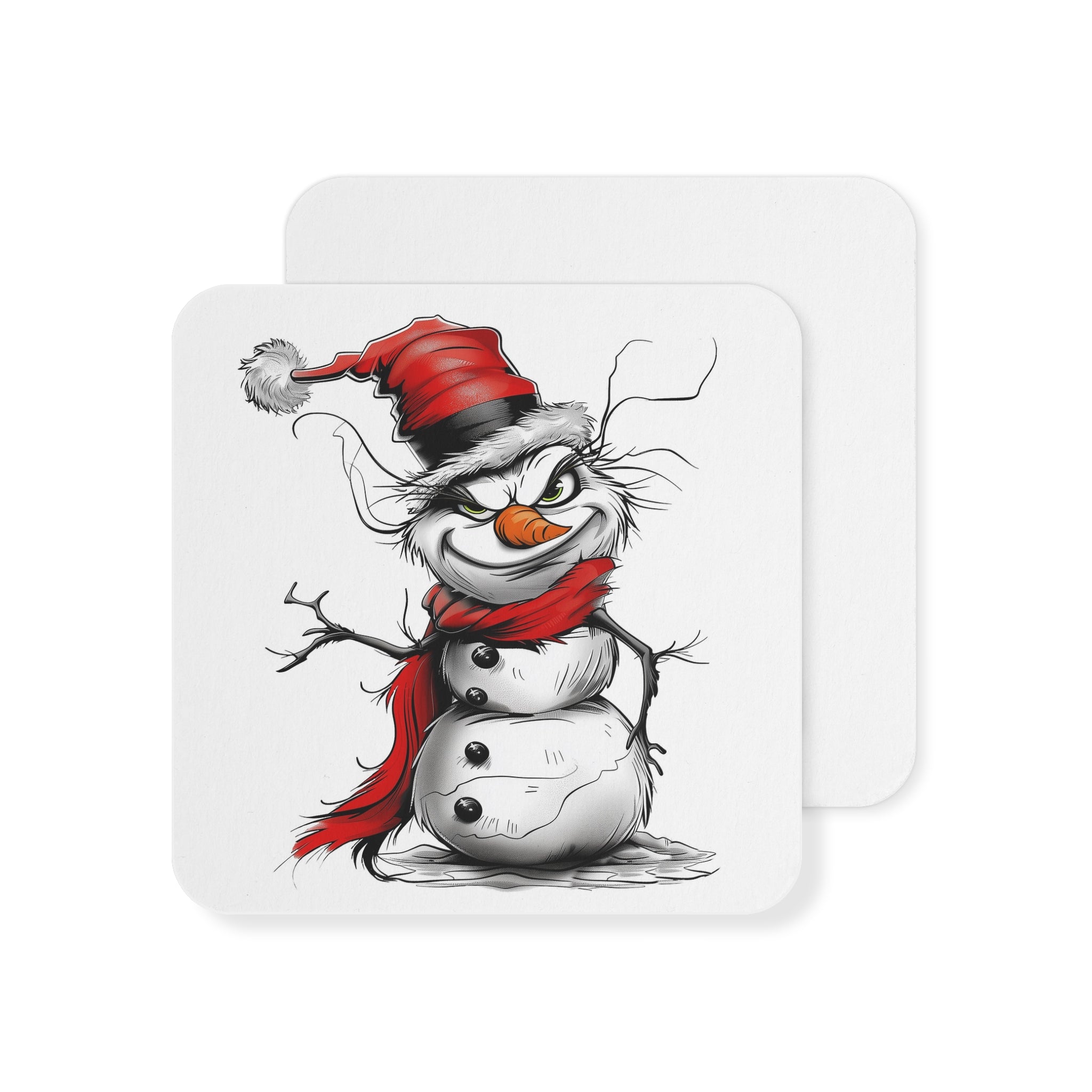 Holiday Grinch Snowman Coasters featuring a mischievous snowman design with a Grinch-like grin, perfect for Christmas holiday barware, festive table decor, and party essentials.