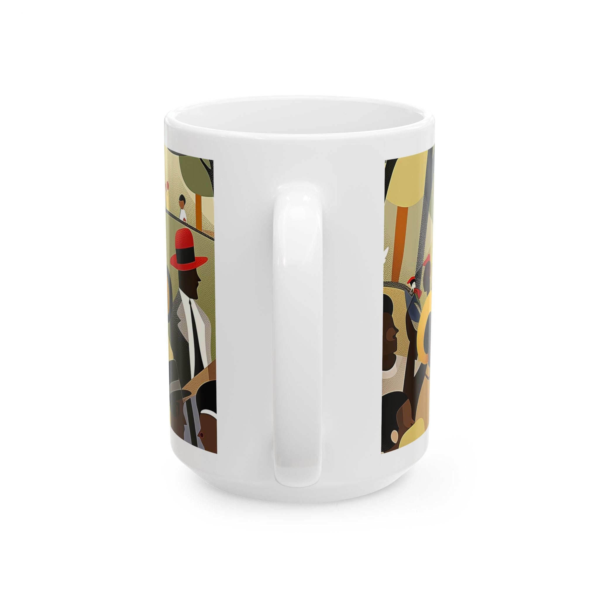 White ceramic mug with a colorful illustration of a group of people in a park. The illustration features people of different ages and skin tones wearing hats and clothing in various colors.