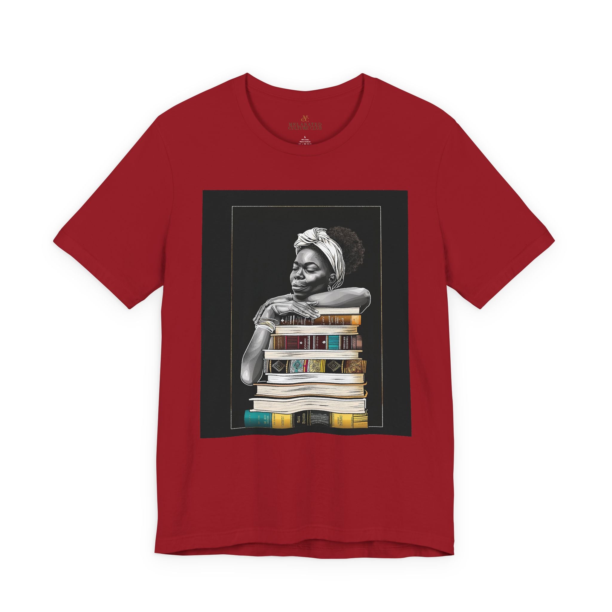 Afrocentric graphic tee shirt featuring a peaceful Black woman embracing a stack of books, symbolizing education, knowledge, freedom, and generational legacy.
