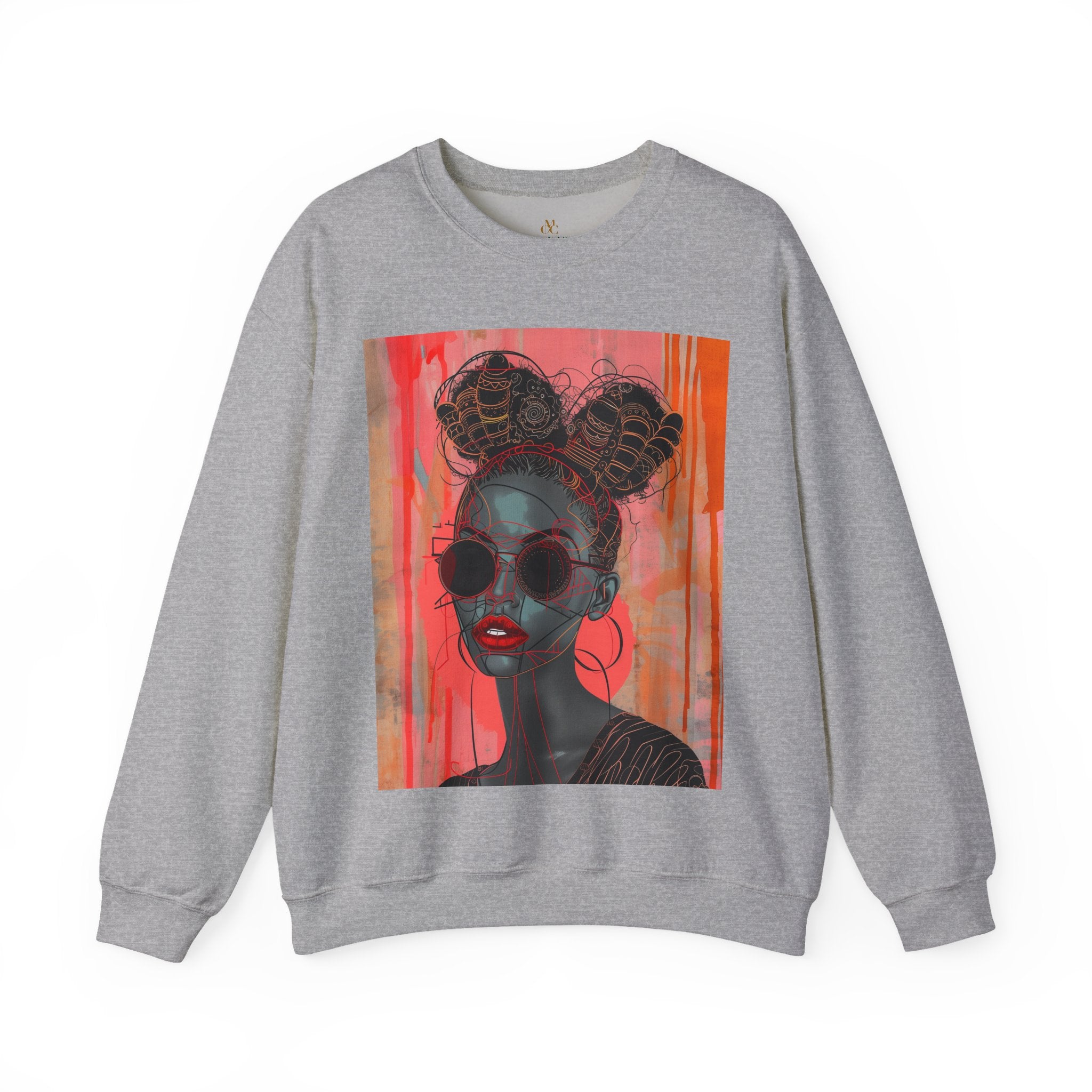Black Woman Afrofuturism Sweatshirt featuring African American woman with Bantu knots and round fashion sunglasses, Afrocentric unisex top with futuristic and cultural design.