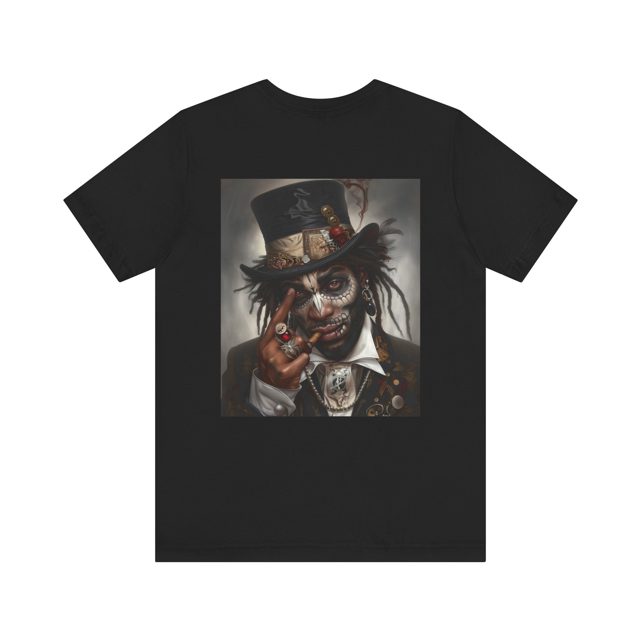 Voodoo Priest Tee Shirt featuring an Afrocentric gothic design of a voodoo priest in a top hat with skull face paint, red eyes, dark fantasy Afrocentric streetwear. (Back style)