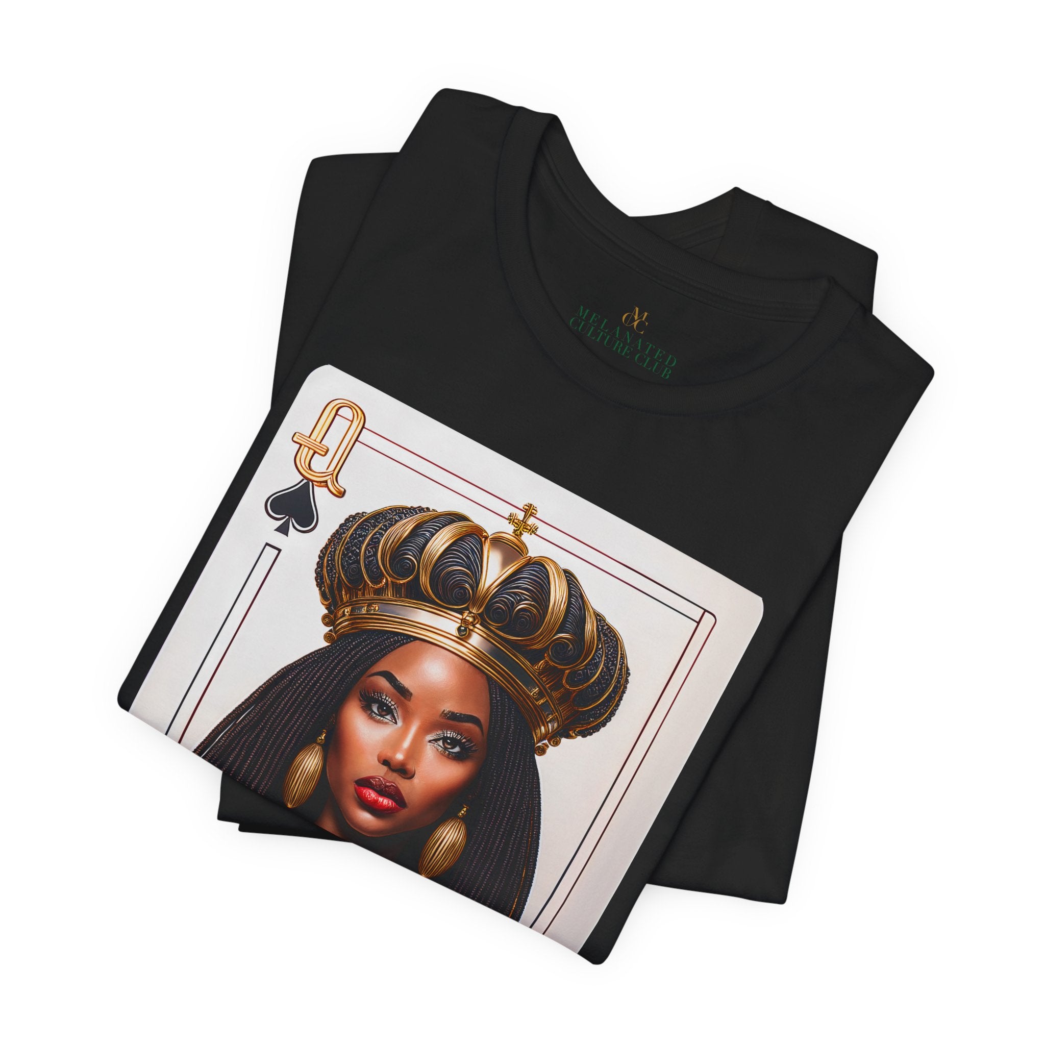 Black Queen of Spades Tee Shirt featuring an illustrated African American woman with an afro and gold crown, styled as the Queen of Spades playing card. Afrocentric vintage-inspired streetwear design in bold red, gold, and black colors.