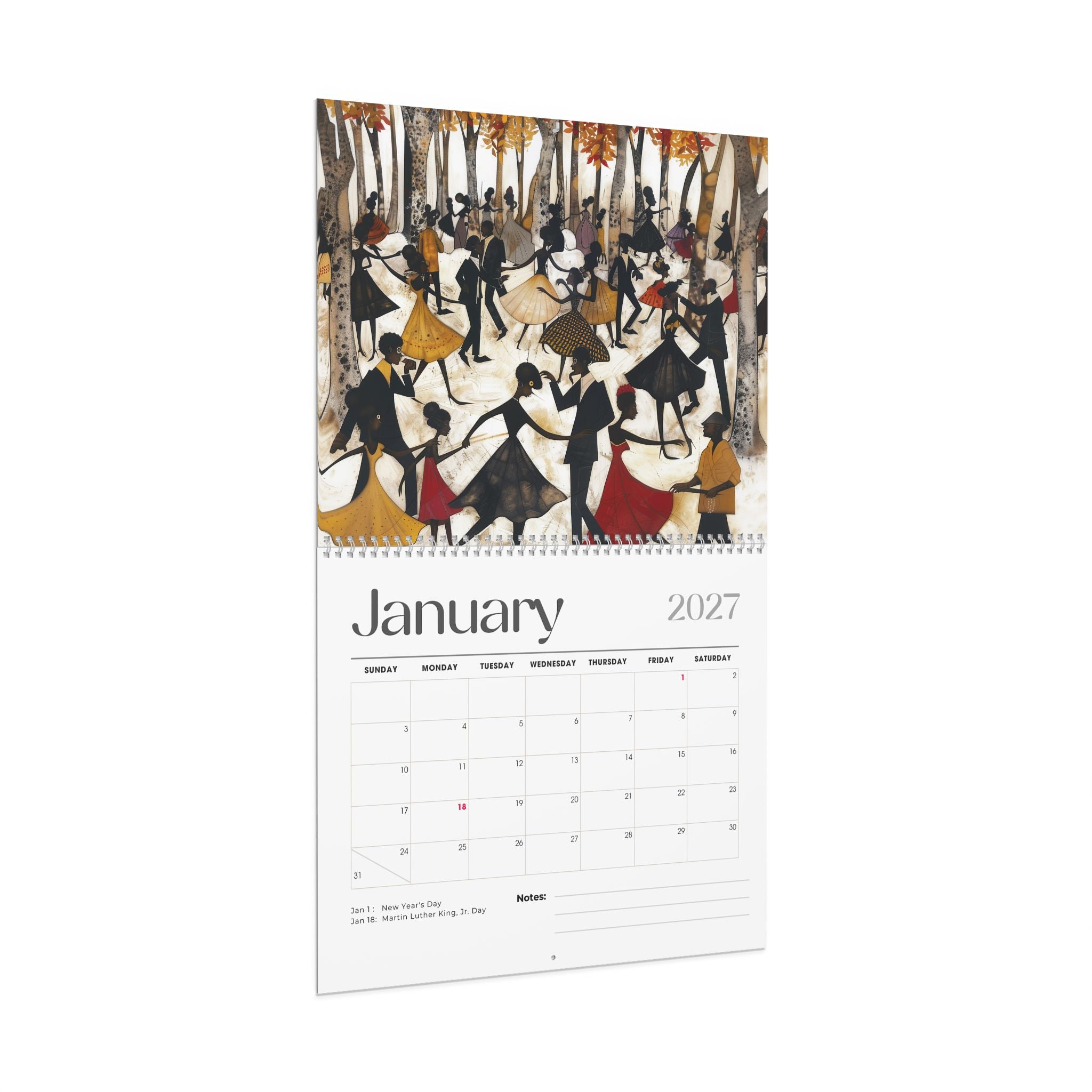 A single-page monthly calendar for January 2027, shown on an angle view, featuring a vintage-style illustration of Black people dancing in a forest above a clean white monthly calendar grid.
