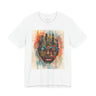 Afrocentric graphic t-shirt featuring an abstract African mask blended with the New York City skyline in a colorful watercolor style design celebrating Black culture and NYC pride.