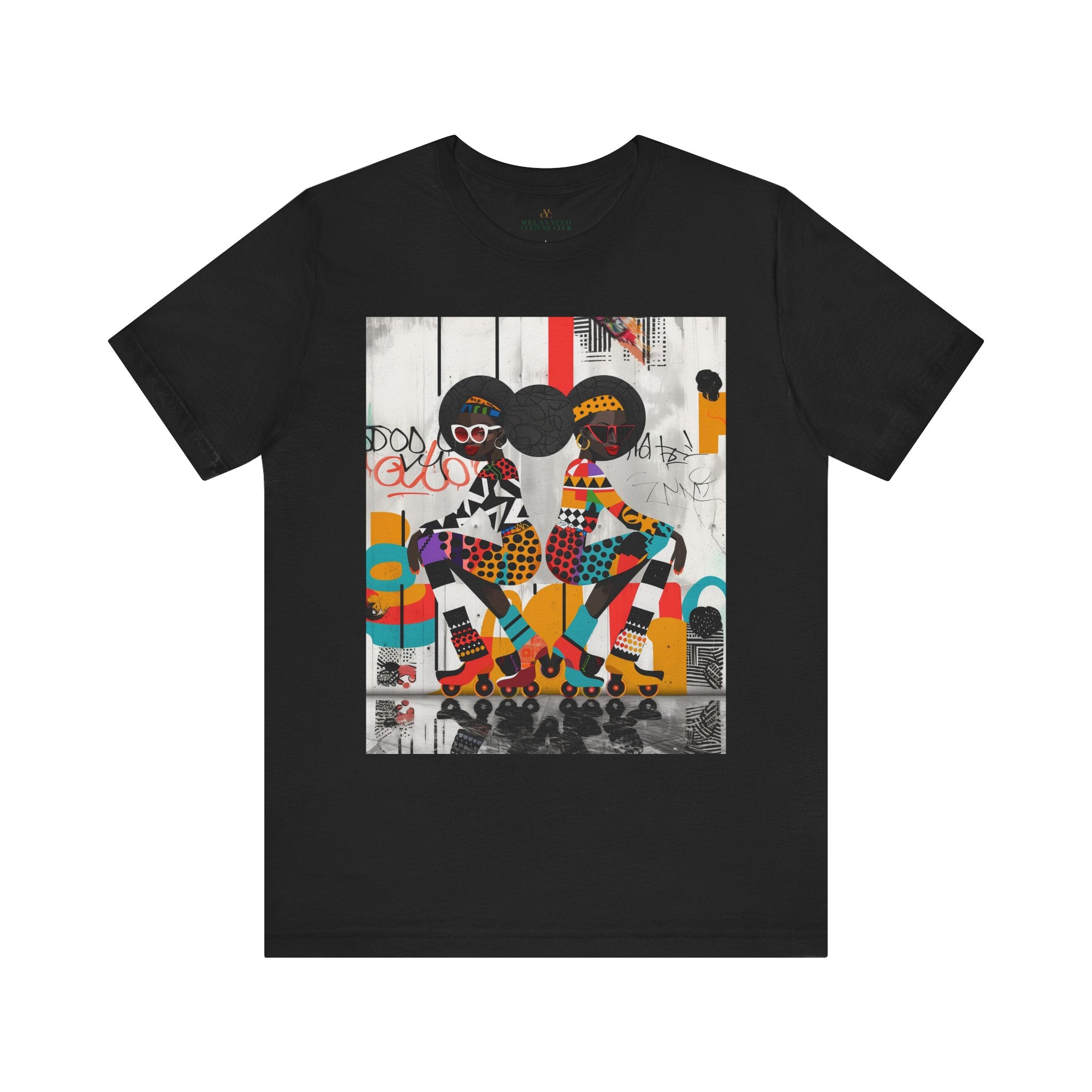 Black Girl Roller Skaters Tee Shirt featuring abstract graffiti pop art of African American women roller skating in bold, bright colors; Afrocentric fly girls streetwear.