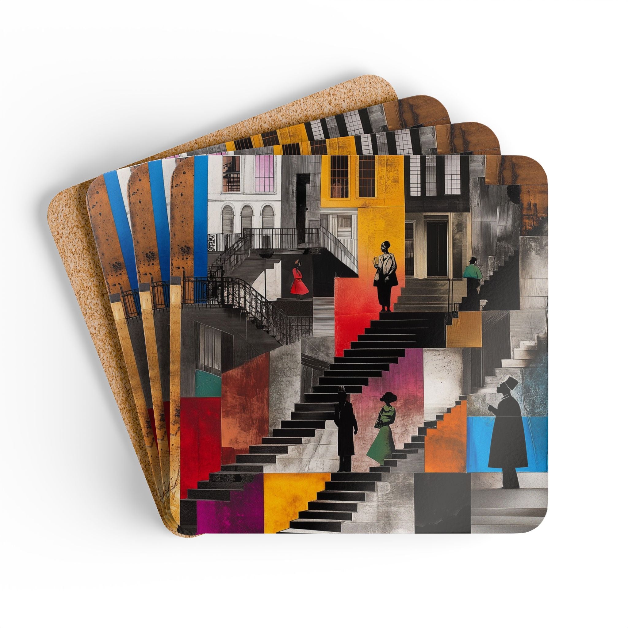 Set of 4 Harlem Neighborhood Drink Coasters featuring abstract illustrations of Harlem brownstones, Afrocentric barware accessory for home decor