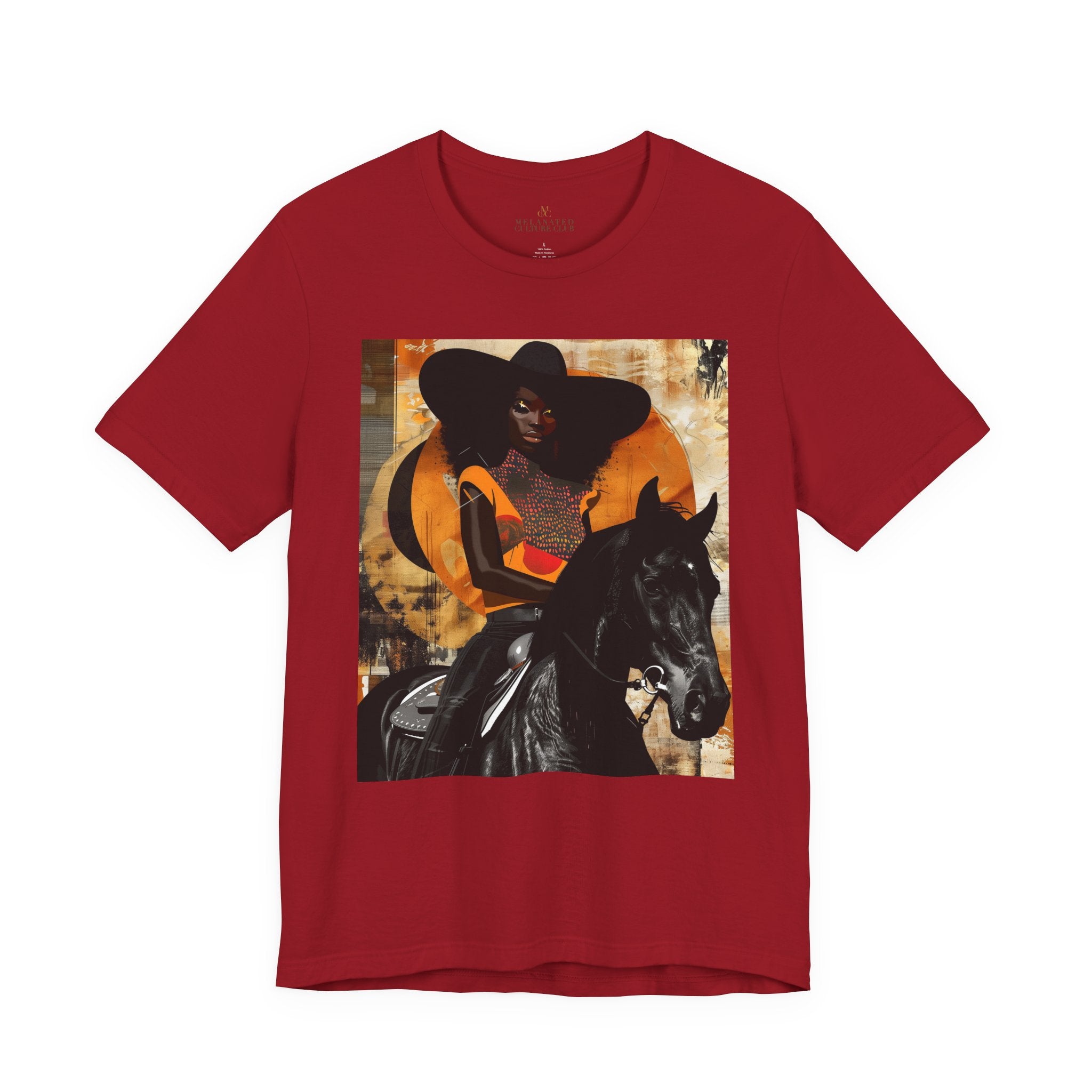 Afrocentric Black cowgirl t-shirt featuring a Black woman riding a stallion in an abstract collage art style, western-inspired graphic tee with cultural and modern aesthetic.