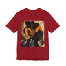 Afrocentric Black cowgirl t-shirt featuring a Black woman riding a stallion in an abstract collage art style, western-inspired graphic tee with cultural and modern aesthetic.